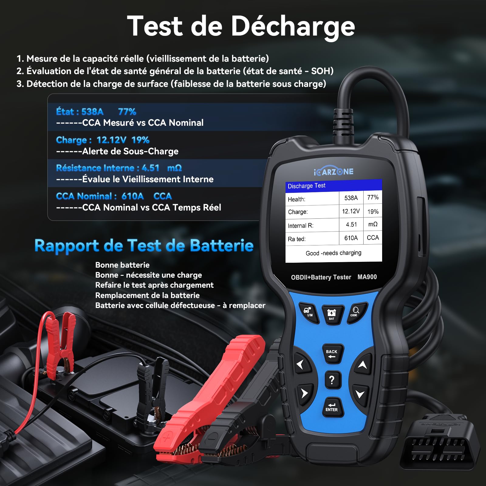 MA900 Testeur de Batterie Voiture + Outil de Diagnostic OBD2, avec Test de Décharge, Test de Démarrage, Test de Charge, Lecture OBFCM/Codes/Données Temps Réel,pour Voitures et Motos-12V/24V