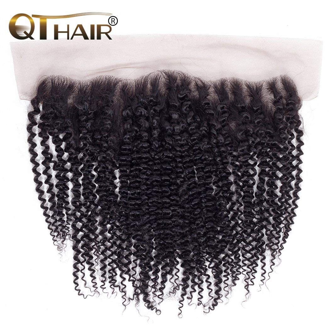 QTHAIR 12A Brazilian Kinky Curly Hair Bundles With Frontal Closure(16 18 20+14,Natural Black) 13"x4" Ear To Ear Lace Frontal Closure With Afro Kinky Curly Hair Bundles