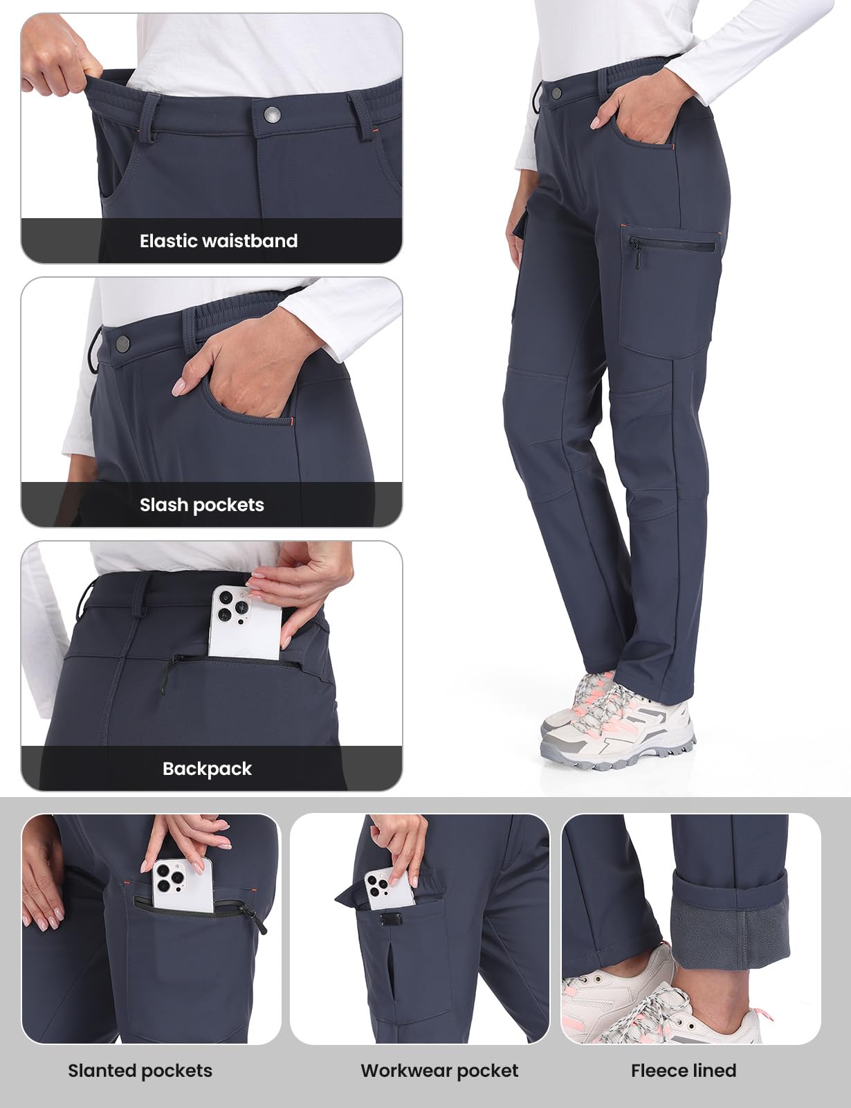 GymBrave Pantaloni Softshell Invernali Donna Impermeabili Imbottiti con Tasche a Zip per Trekking e Sci, Calda Pantalone da Esterno