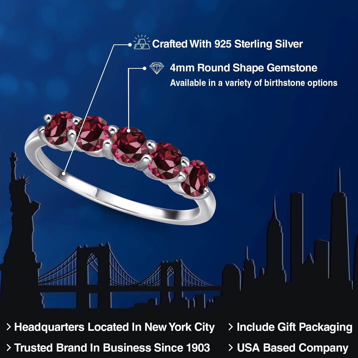 Gem Stone King 5-Stone Wedding Band Ring for Women | 925 Sterling Silver | 4MM Round Gemstone Birthstone | Engagement Anniversary Promise Ring | Sizes 5-9