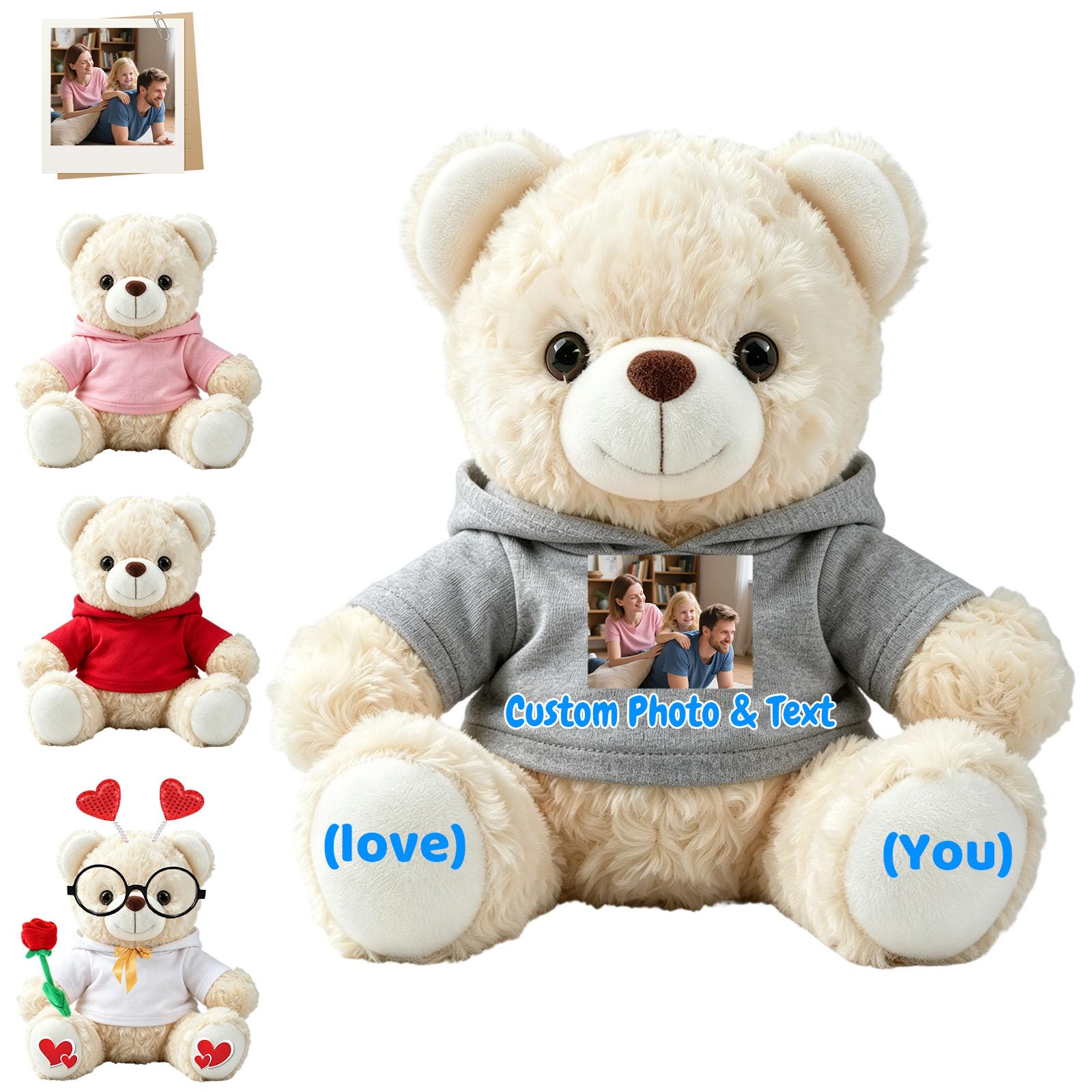 FAHOXUMR Custom Teddy Bear Stuffed Animal with Photo and Text for Boyfriend Girlfriend, 8 Inch Soft White Teddy Bear with Clothes as Gift for Valentine Christmas Anniversary Graduation