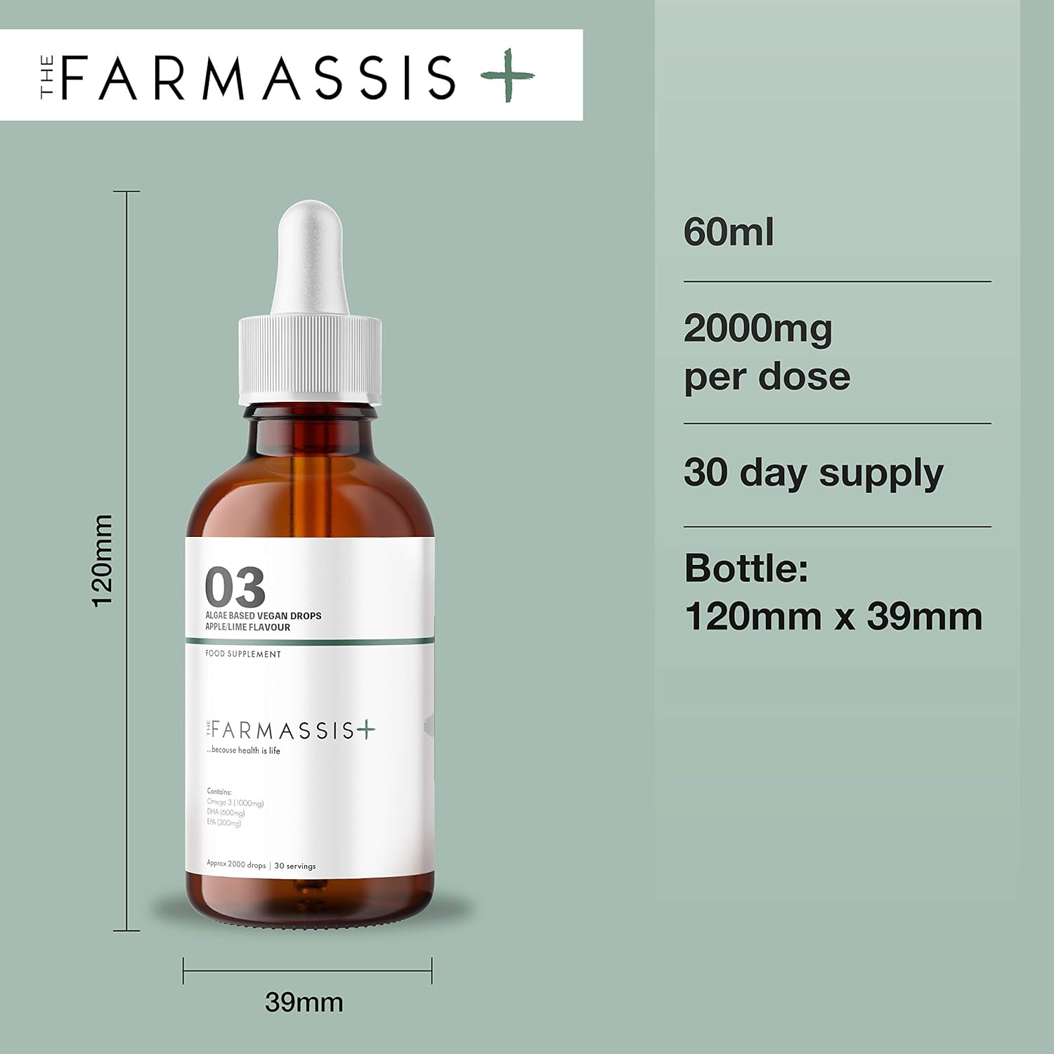 Farmassis+ Omega 3 Liquid Supplement Drops Apple/Citrus Flavour