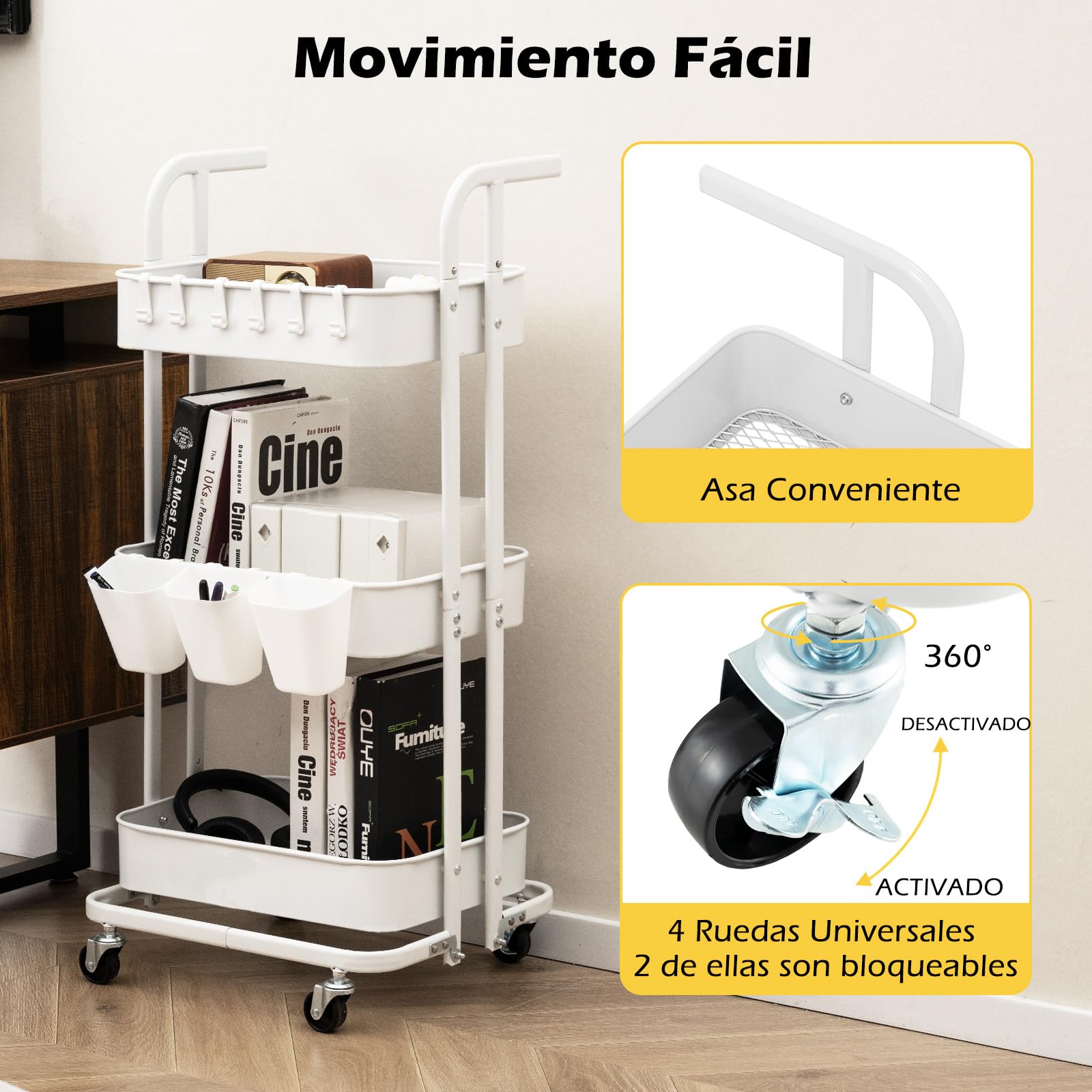 GOPLUS Carrito de Almacenamiento Plegable de 3 Niveles, Carro de Cocina Móvil con 3 Cubos Colgantes, 6 Ganchos, Ruedas Bloqueables, Carro de Servicio para Cocina, Sala de Estar, Comedor