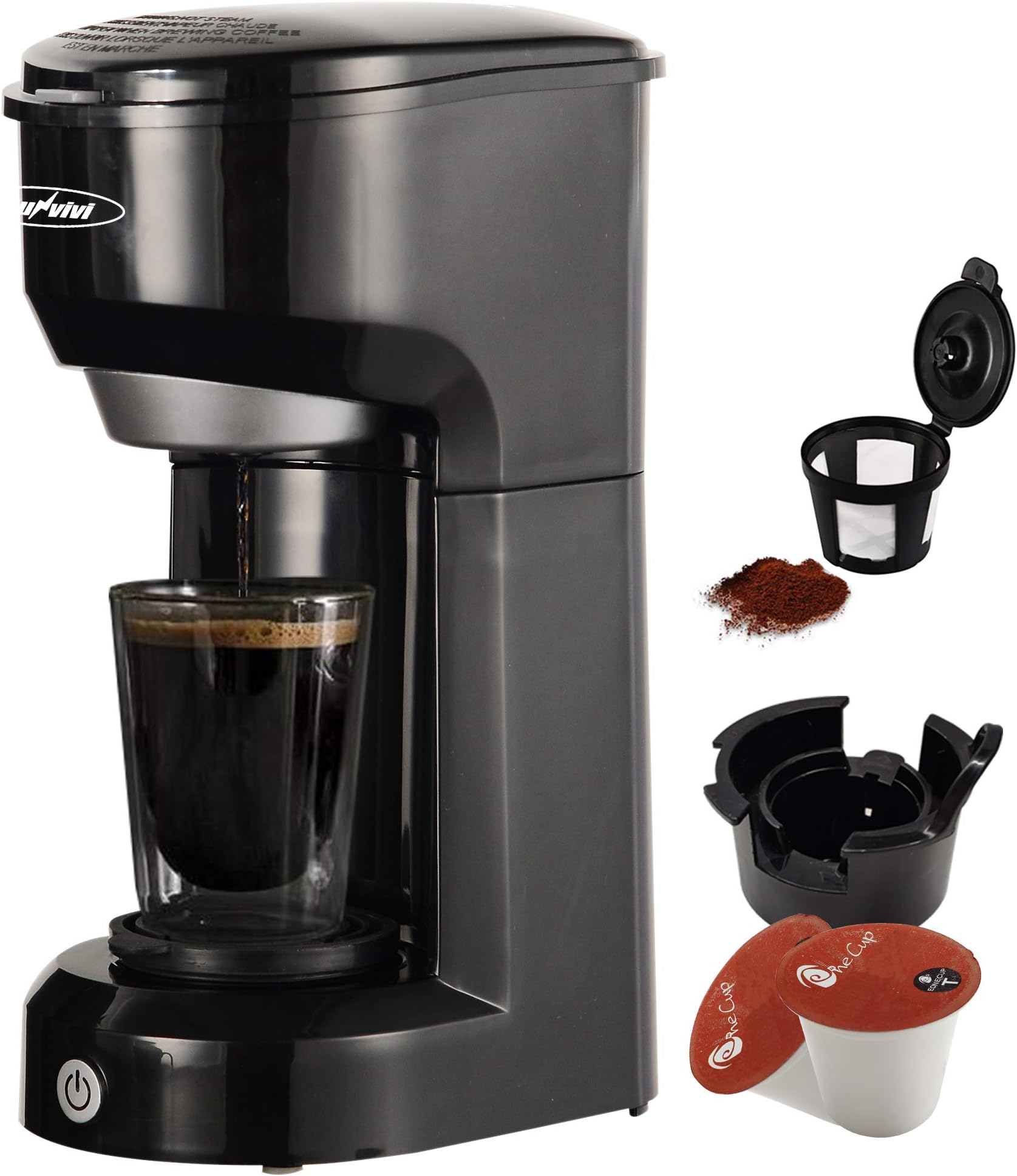 Single Serve Coffee Maker Brewer for Single Cup, K-Cup Coffee Maker With Permanent Filter, 6oz to 14oz Mug, One-touch Control Button with Illumination (Black)