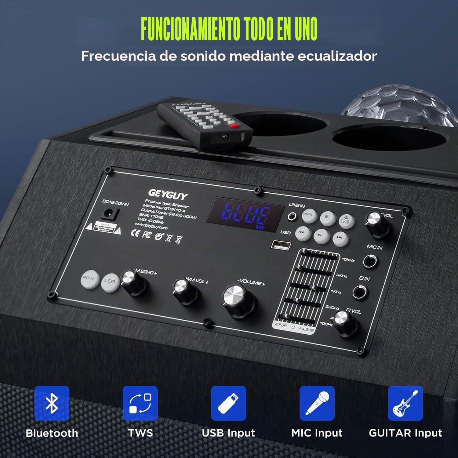 Máquina de Karaoke Portátil, Altavoz Karaoke con 2 Micrófonos, Altavoz Bluetooth, Soporte para Tableta, Luces de Discoteca, Control Remoto, diseño Exclusivo, Ruedas GTSK10-4