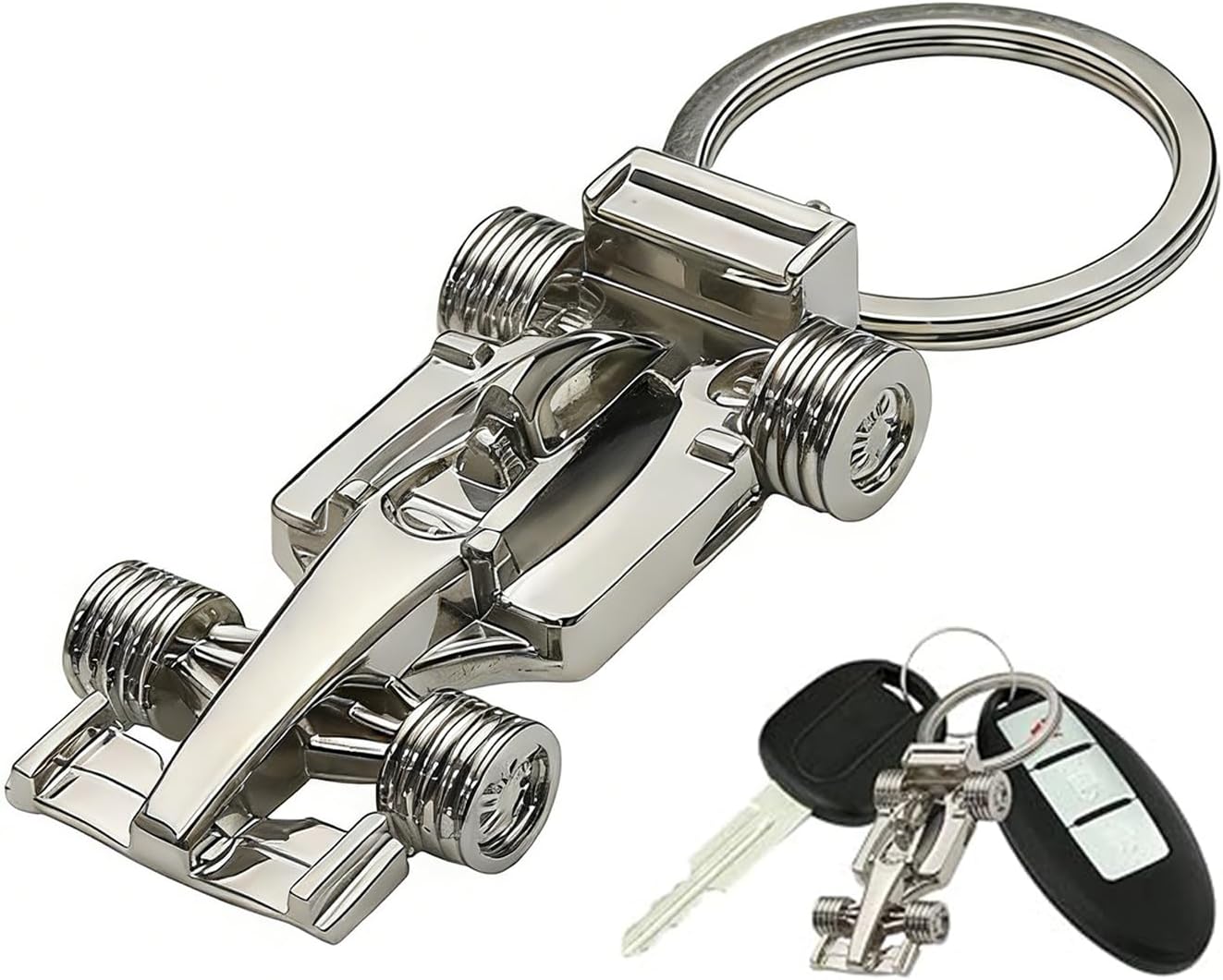 1PCS Silver Racing Car Keyring,Metal Car Keyring Accessories,Car Key Ring Chain Metal Keychain,Sport Racing Keyring Key Chain,Key Ring Accessory Formula 1 Gifts for Boy&Men,Christmas,Easter,Birthday