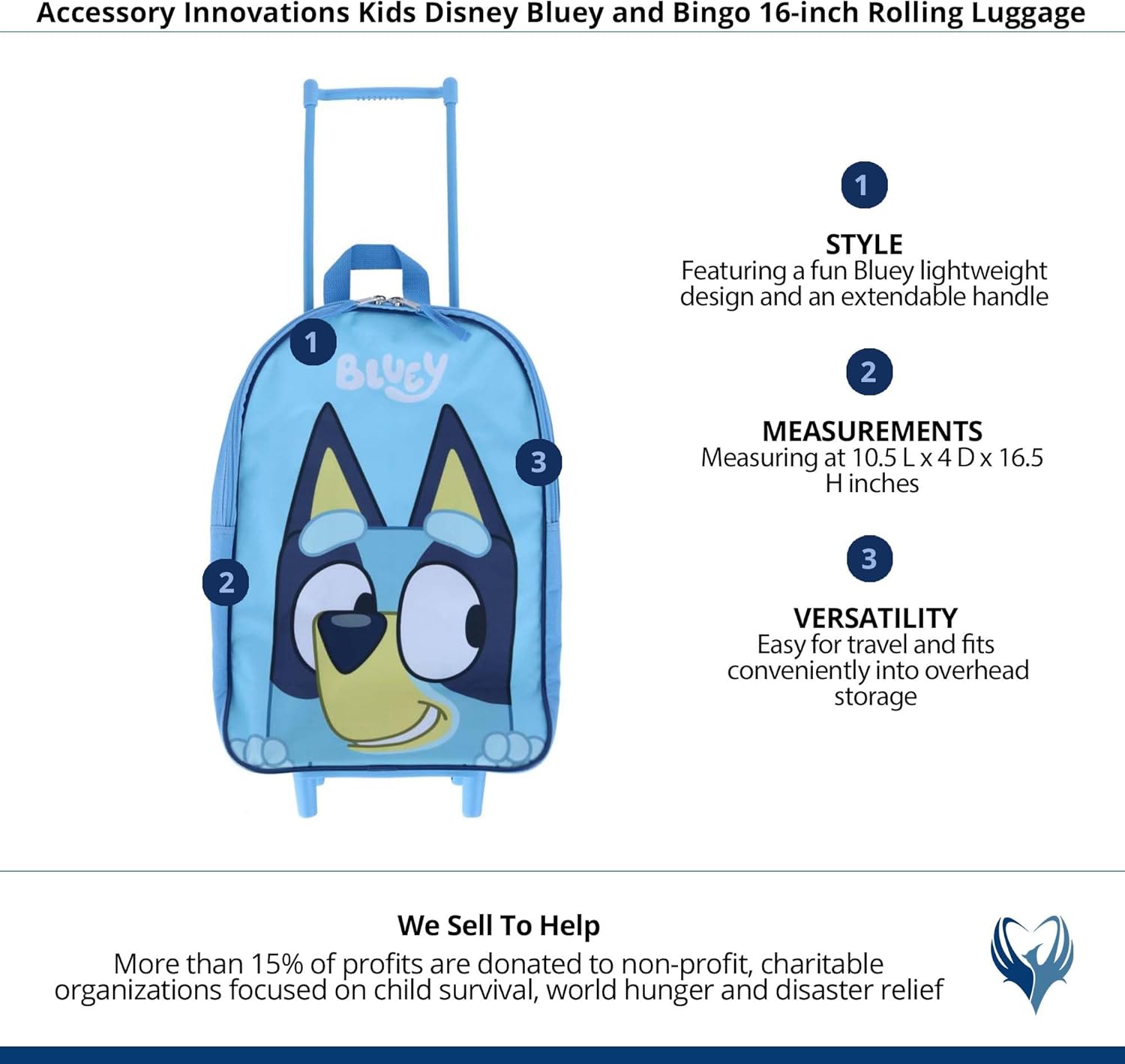 Accessory Innovations Kids Disney Bluey 16-inch Rolling Luggage, Light Blue