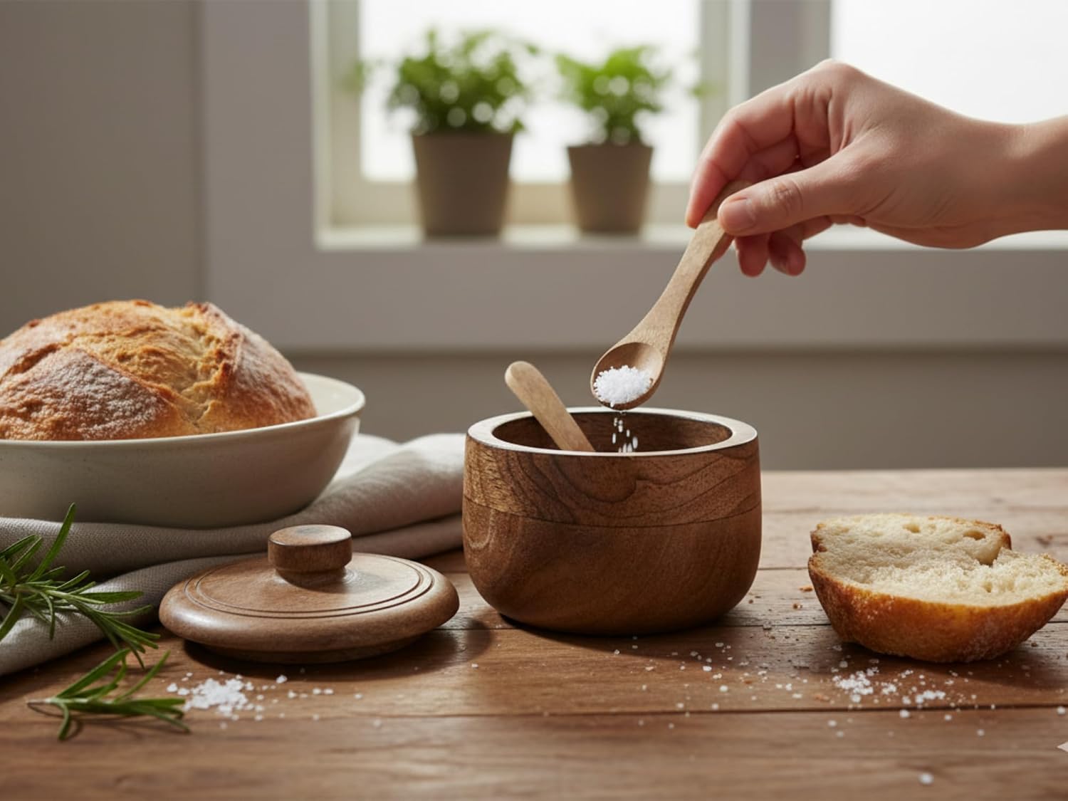 Rustic Wooden Salt Box Cellar with Hand-Carved Lid & Spoon | Wooden Salt Pinch Bowl | Salt Pepper Keeper & Spice Bowl for Kitchen Use