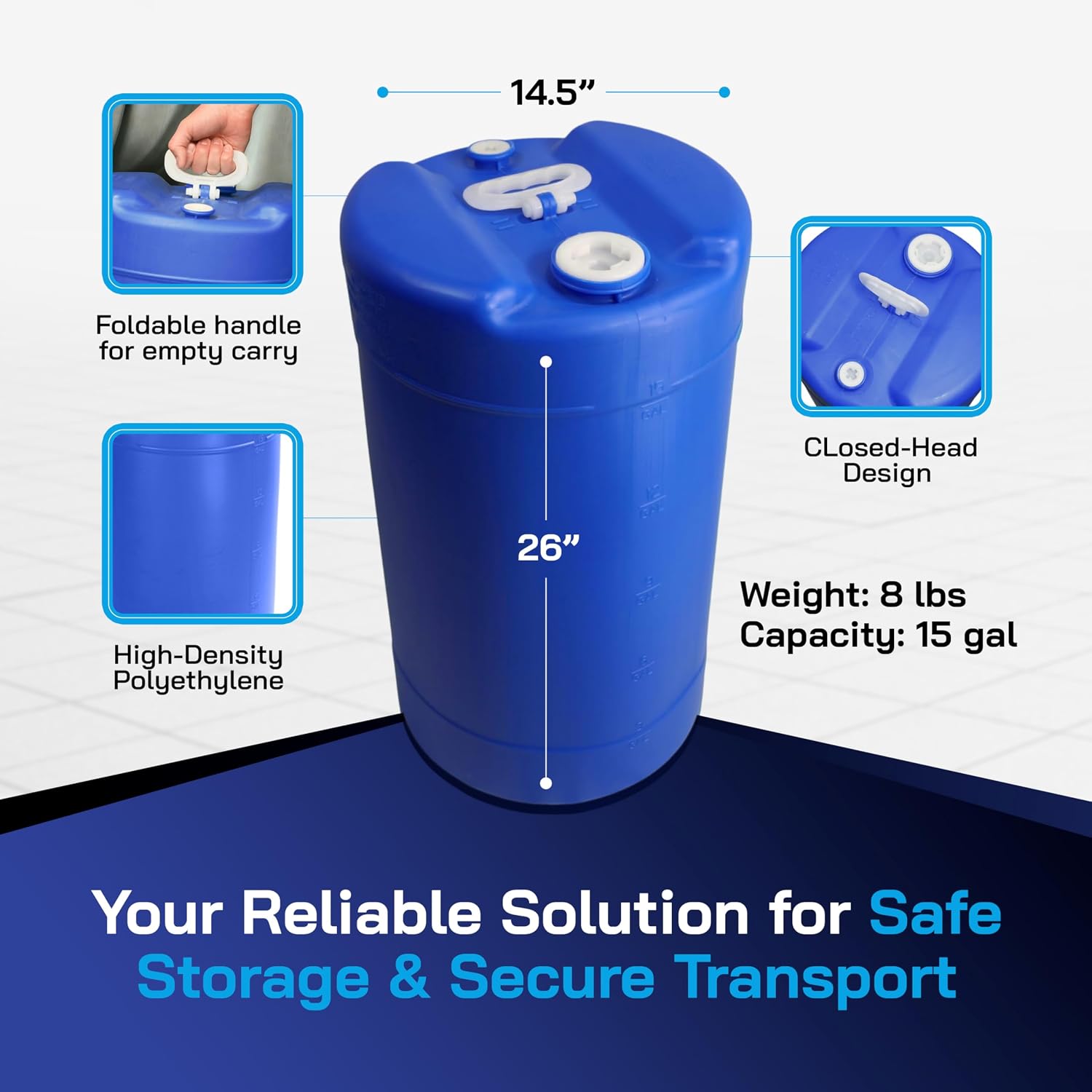 Air Sea Containers | 15 Gallon Closed Head Drum | Poly Drum With Screw Cap | Transport Drum | High Density Polyethylene lab Pack Barrel Drum | Food Grade | Blue Drum | Dims 14.5"W x 26"H (Pack of 3)