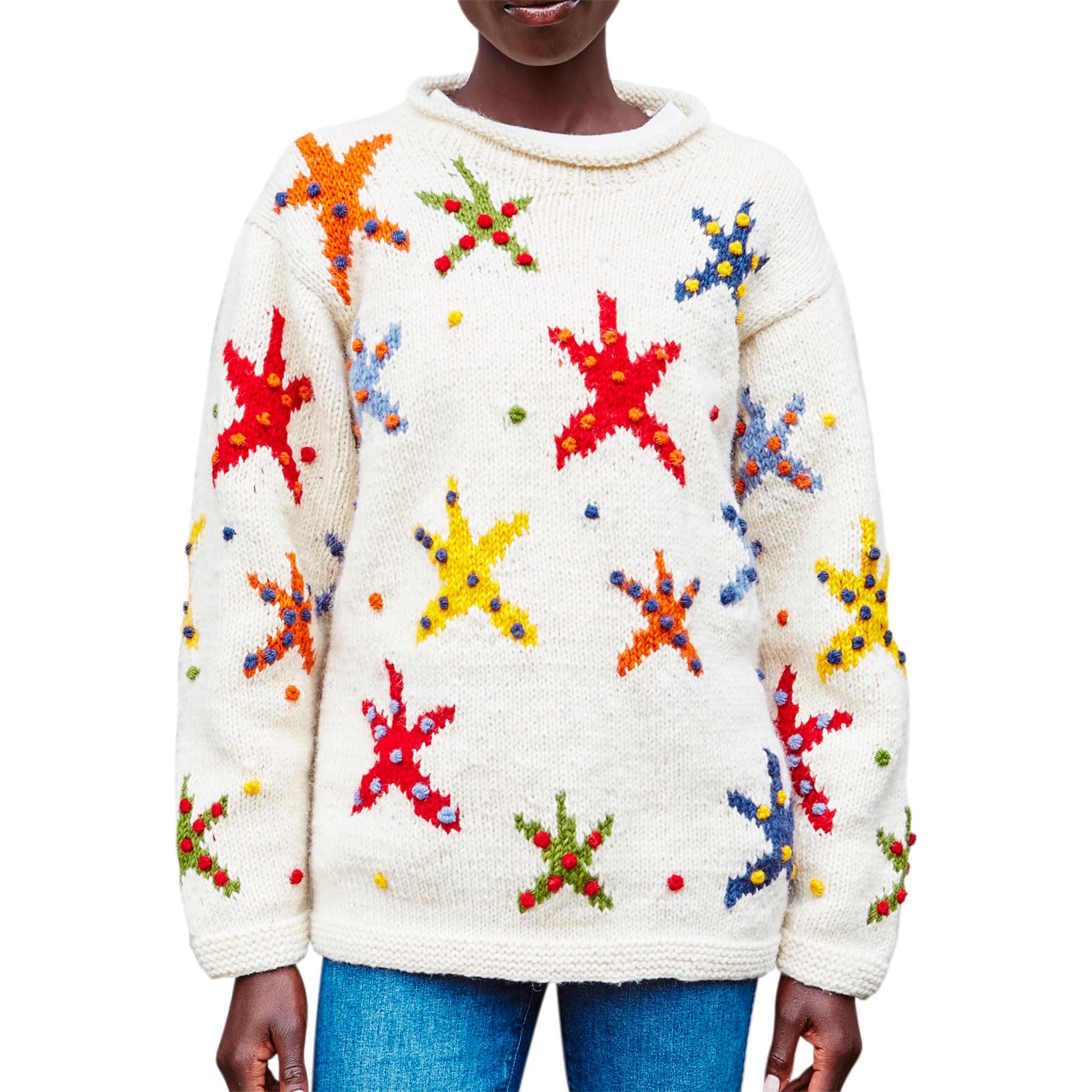 Pachamama Women Wool Jumper Handknitted Starfish Retro Cream Multicoloured Handmade Warm Sweater Fair Trade (UK, Alpha, S, Regular, Regular)