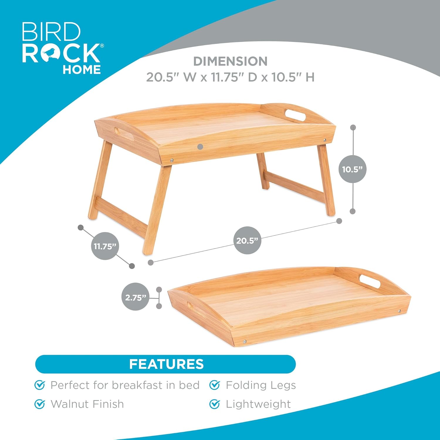 BirdRock Home Bamboo Bed Tray | Wooden Curved Sides Breakfast Serving Tray with Folding Legs | Natural
