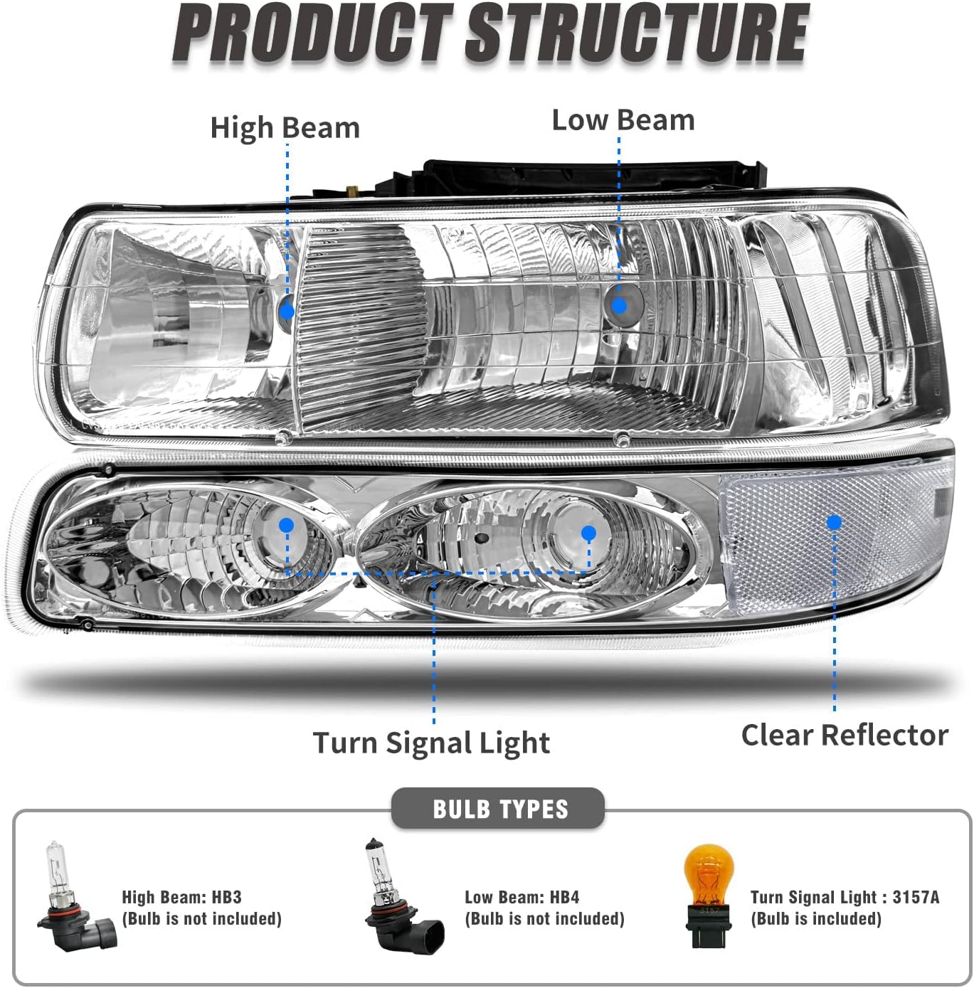 Headlight Assembly for 1999 2000 2001 2002 Chevy Silverado 1500 2500/1500HD 2500HD 3500/2000-2006 Tahoe/Suburban Chrome Housing with Clear Reflector