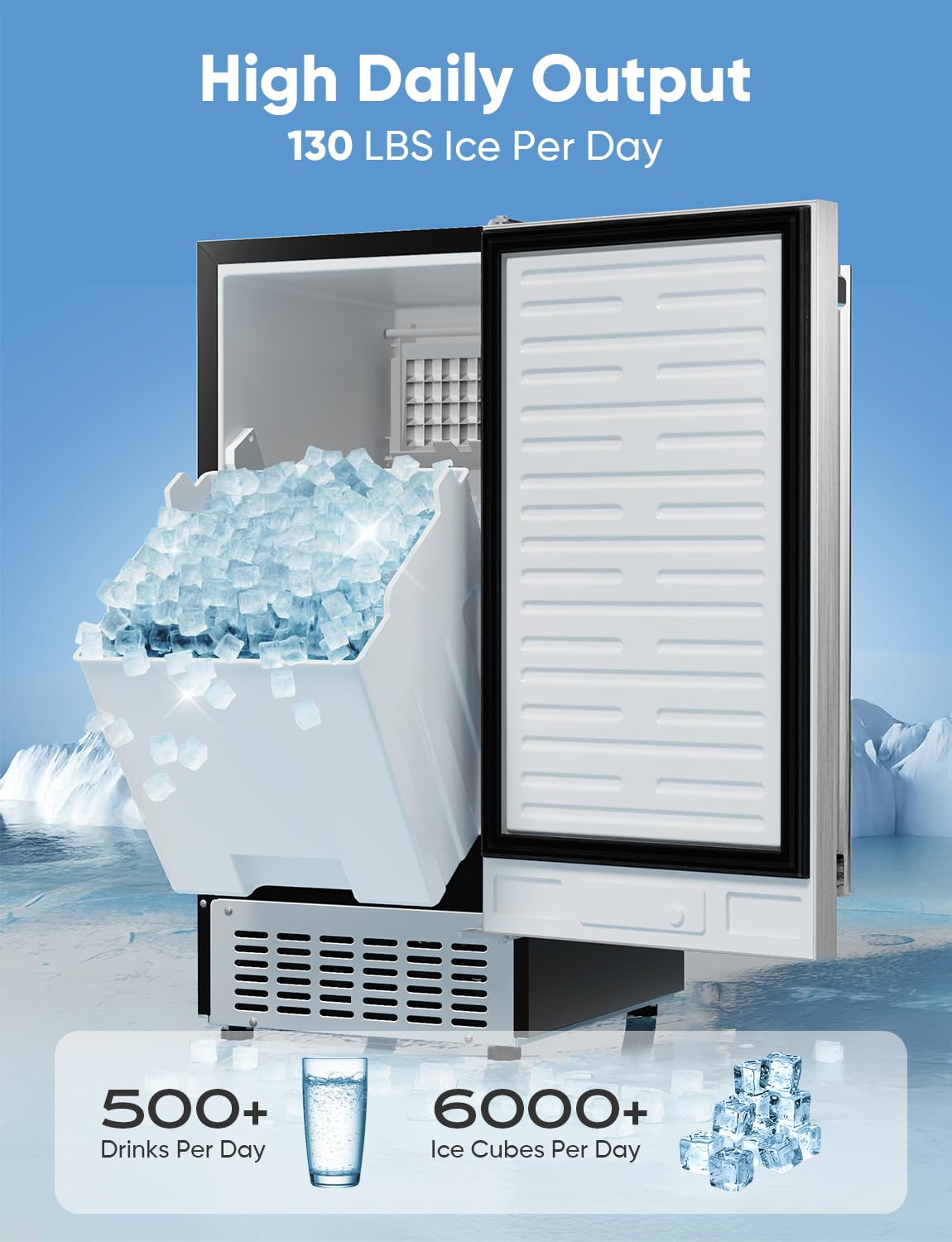 Coolski 130Lbs/ Day Under Counter Ice Maker Machine, Stainless Steel Built-in Freestanding Ice Maker with 30LBS Ice Storage, Perfect for Commercial & Home Use, 15 Inch Wide