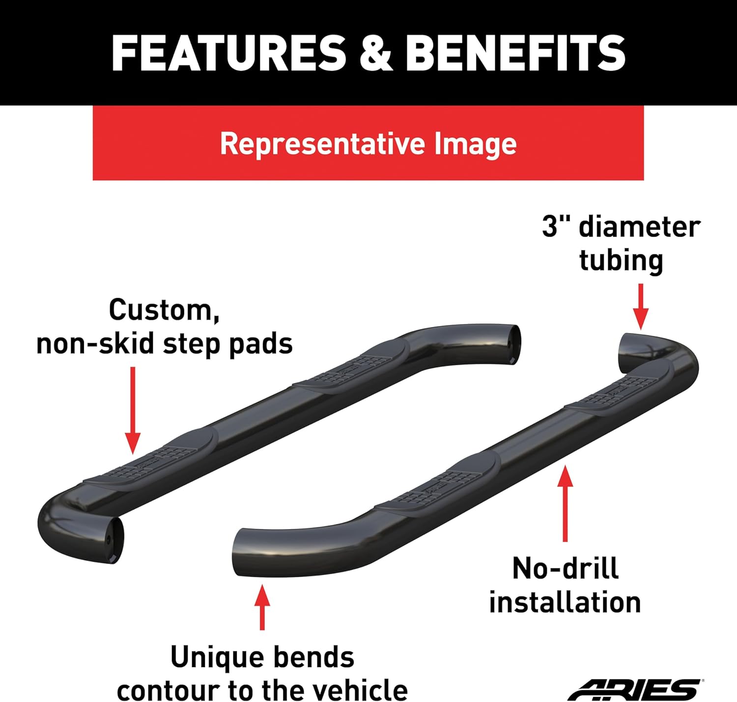 Aries 203046 3-Inch Round Black Steel Nerf Bars, No-Drill, Fits Select Ford Ranger SuperCrew