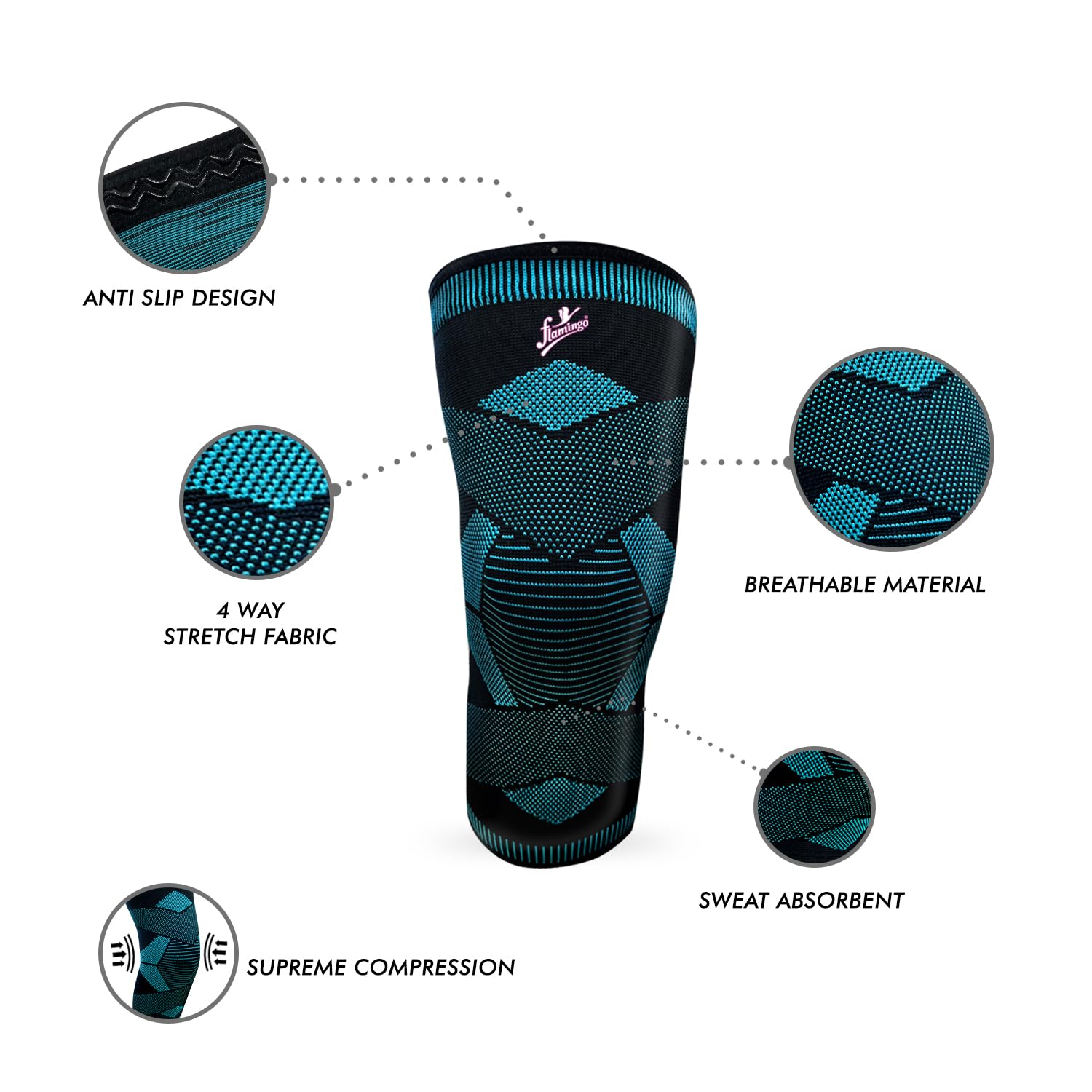 Flamingo Plus Super Premium Knee Cap for Men & Women | Compression Knee Support for Sports, Gym, Arthritis, Pain Relief, Injury Recovery | Anti-Slip, Breathable - Black & Dazzling Blue | Large