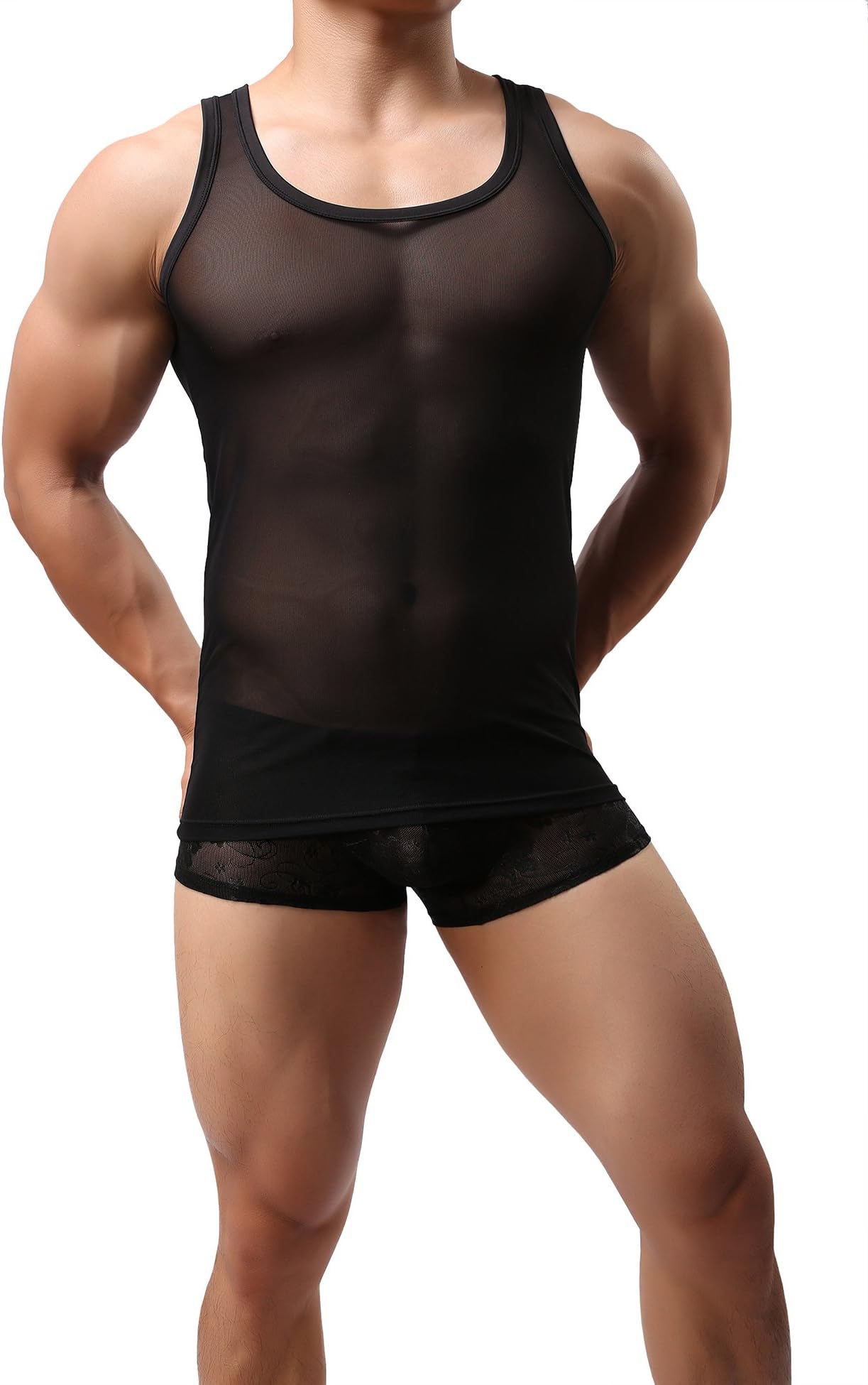 ONEFITMen's Mesh See-Through Tank Top Vest Sleeveless T-Back Shirts
