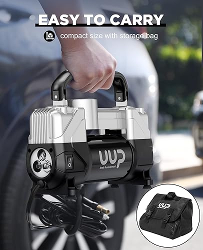 Vista 7 de Inflador de Neumáticos Compresor de Aire, 150PSI 12V CC Bomba de Aire Portátil de Doble Cilindro de Alta Resistencia con Luz LED de Emergencia