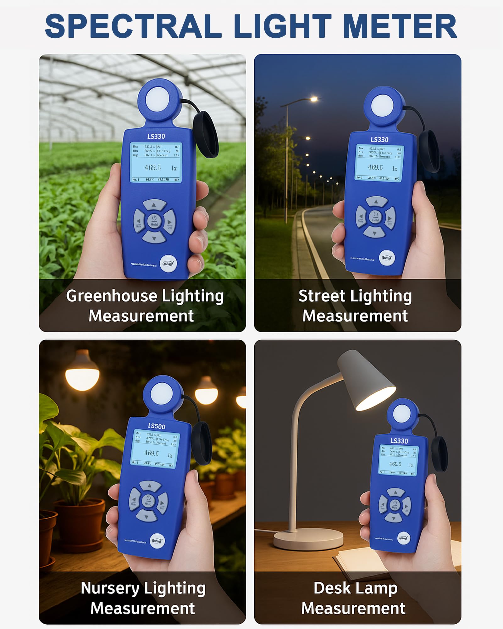 Lichtmessgerät Luxmeter, 0-1,000,000 Lux, CCT/CRI/UV/PPFD/μmol, Spektrales Beleuchtungsstärkemessgerät, Photometer, hohe Präzision, Farbtemperatur, Lumenmessgerät, PAR Meter LS330 für Pflanzen