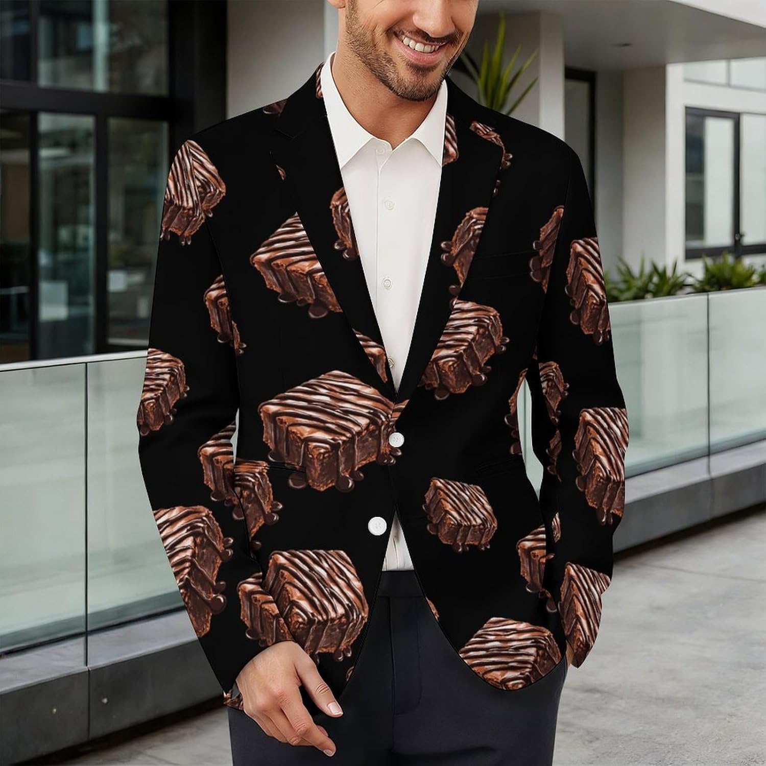 Brownie with Chocolate Drizzle Suits Blazer for Men Buttons Jacket Coat Business 6X-Large