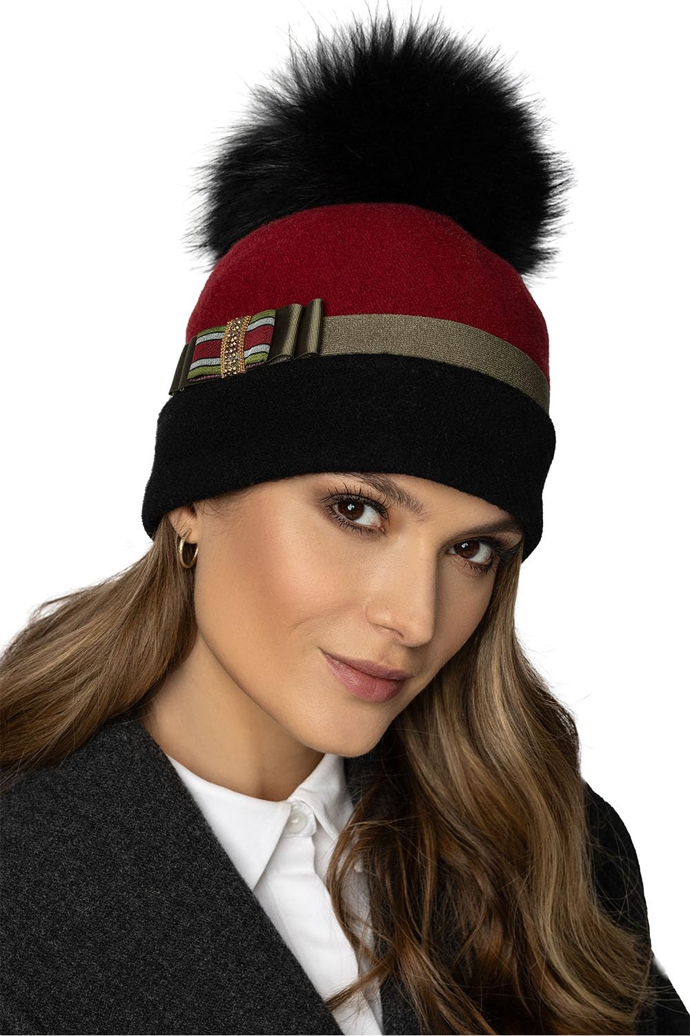 Vivisence Gorro De Las Mujeres Otoño Invierno De Lana Virgen Hecho A Mano con Pompón Extraíble Lazo Decorado con Circonitas Doradas Forro Polar Cálido Y Detalles Bordados A Mano Enviados En Caja 7082
