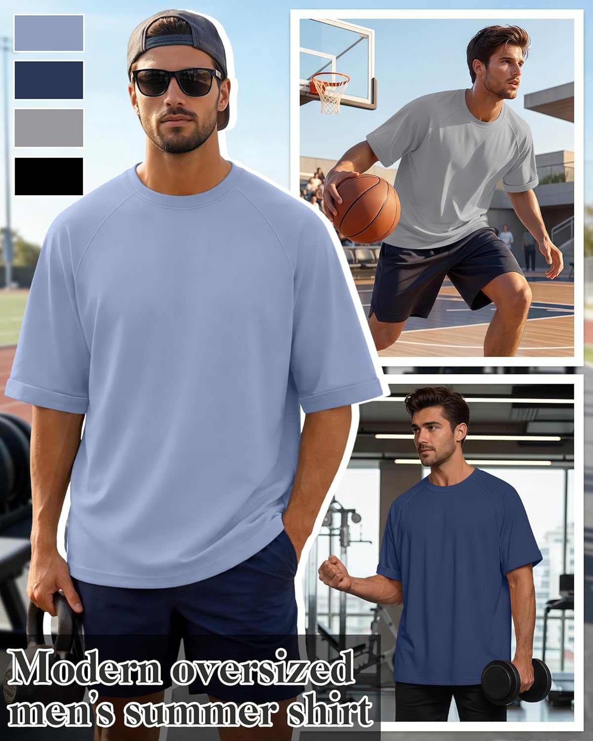 4 Pack Mens T-Shirts Casual Oversized Summer Shirts Short Sleeve Raglan Tees Stylish Street Style Loose Tops