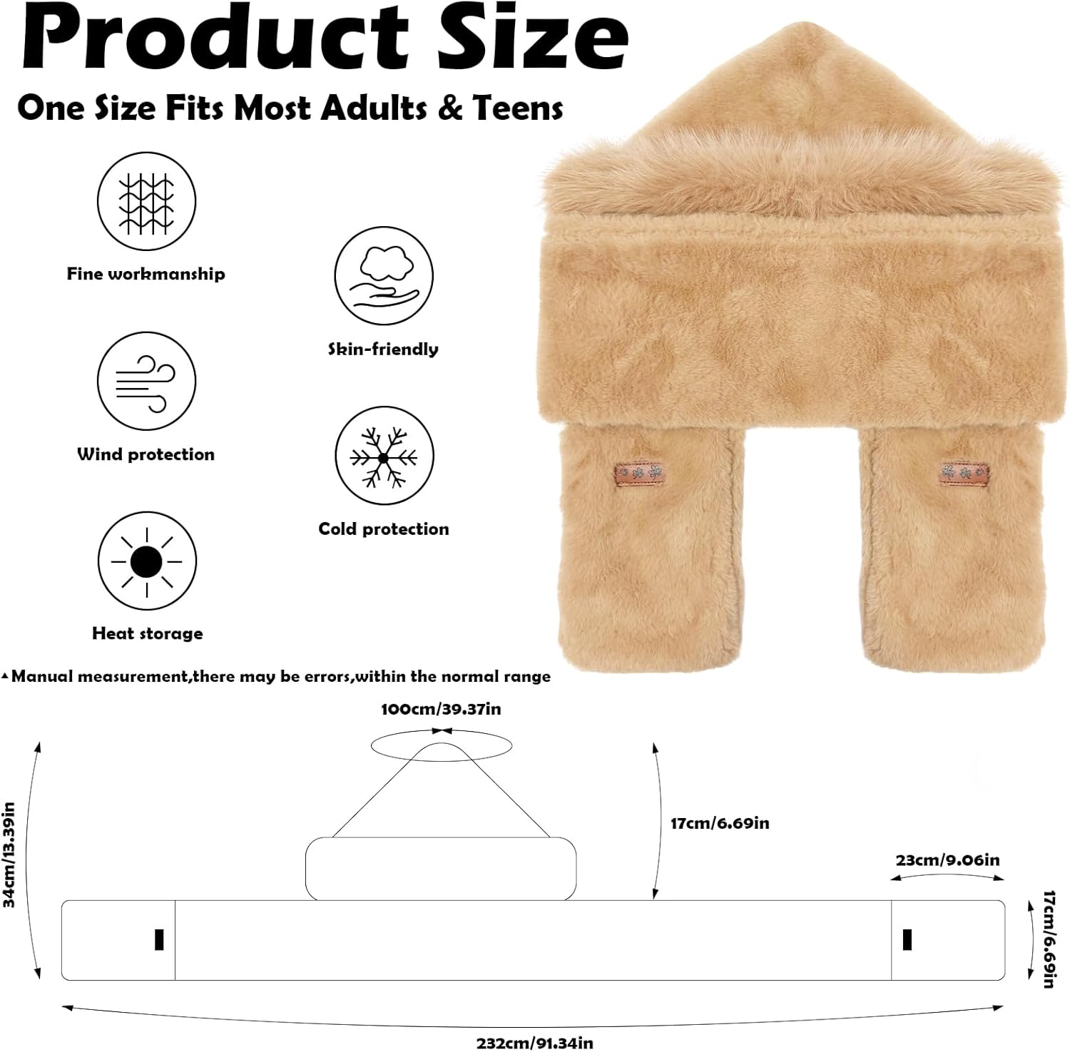 Hooded Scarf for Women Winter - Faux Fur Scarf Hat Gloves 3 in 1 Set Soft Thick Warm - Image 3