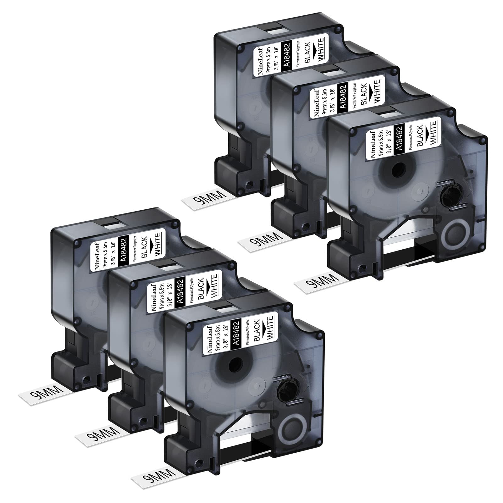NineLeaf6 x Compatible for Dymo 18482 IND Tape Black on White 3/8'' 9mm x 5.5m Polyester Permanent Industrial Label Tape for Rhino 1000 3000 4200 5200 ILP 219 3M PL100 PL150 Label Maker