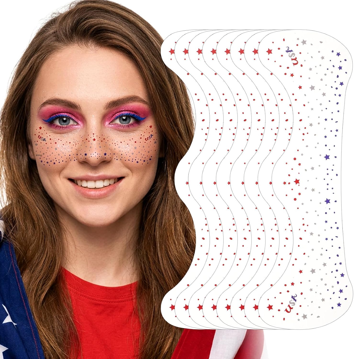 4th of July Face Tattoos for Adults – 8 Sheets Glitter Temporary Tattoos