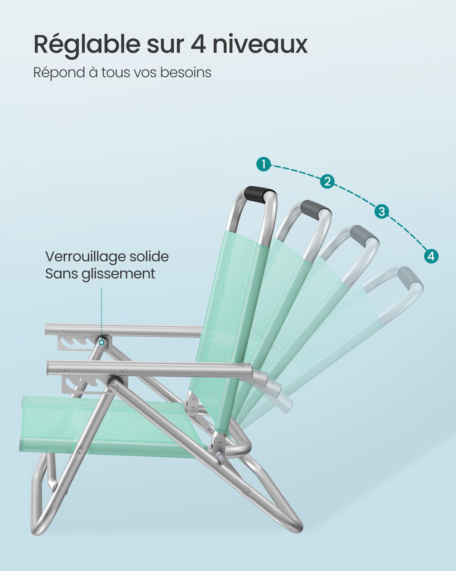 SONGMICS Chaise de Plage, Pliante, Portable, Dossier Réglable sur 4 Niveaux, avec Accoudoirs, Respirante et Confortable, Chaise d'Extérieur