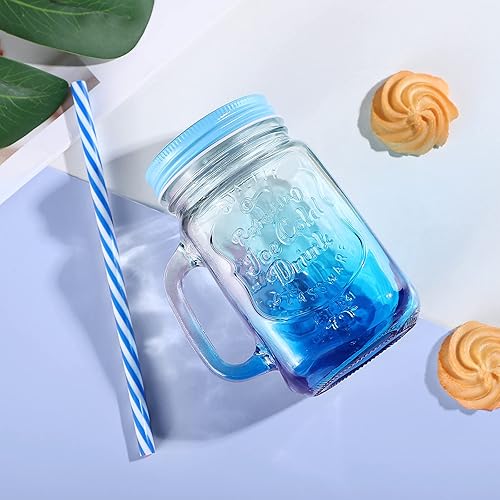 Miniatura 3 de Mason Jars - Juego de 2 vasos para beber, vasos Mason de 16 onzas con popote y tapa, taza de boca ancha con asa (2 unidades, azul)