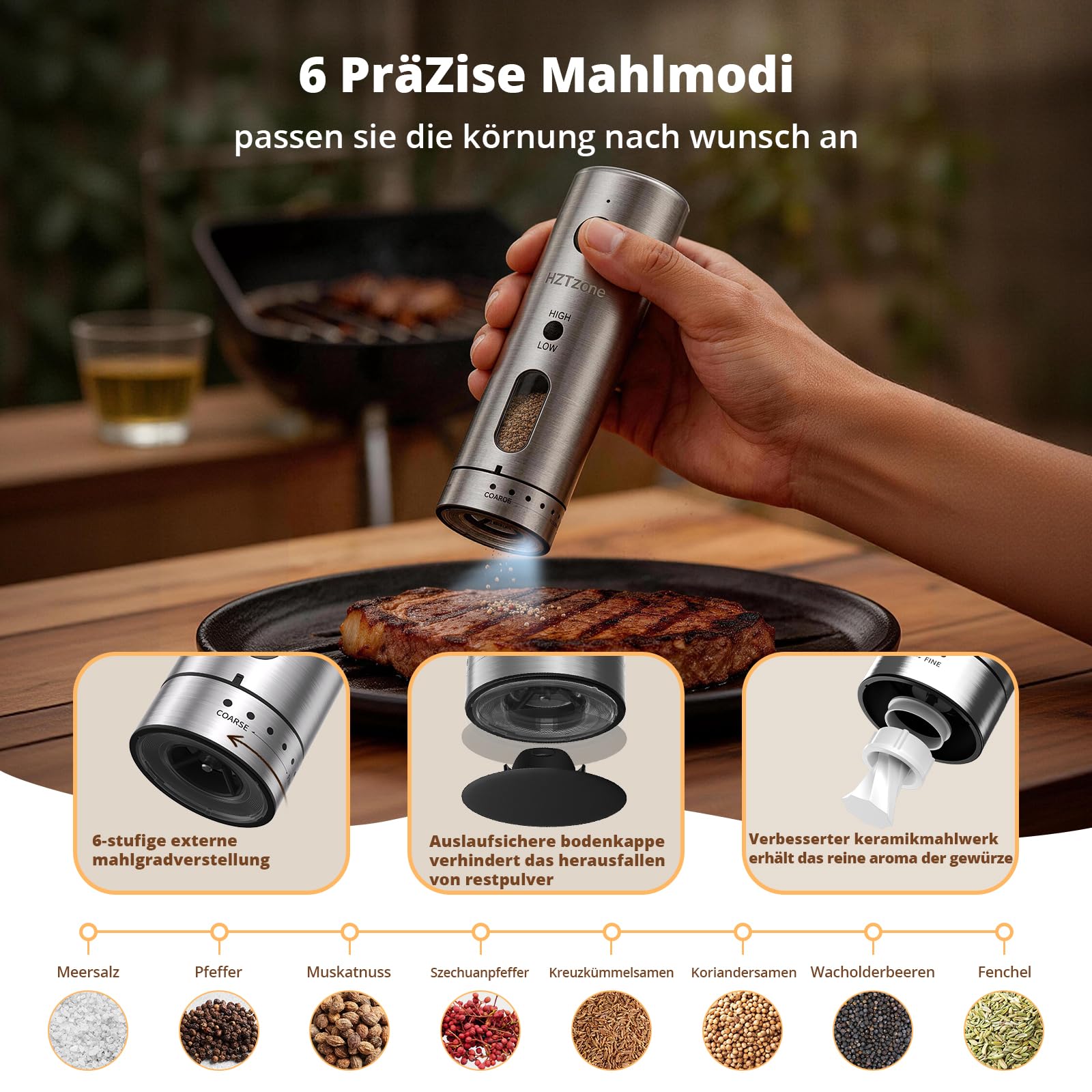 Elektrische Salz und Pfeffermühle Set für Hobbyköche, Einhand-Bedienung | 6 Mahlgrade (fein bis grob), Ladestation mit USB-aufladbar, Keramikmahlwerk, BBQ & Geschenkset, LED-Licht, Edelstahl