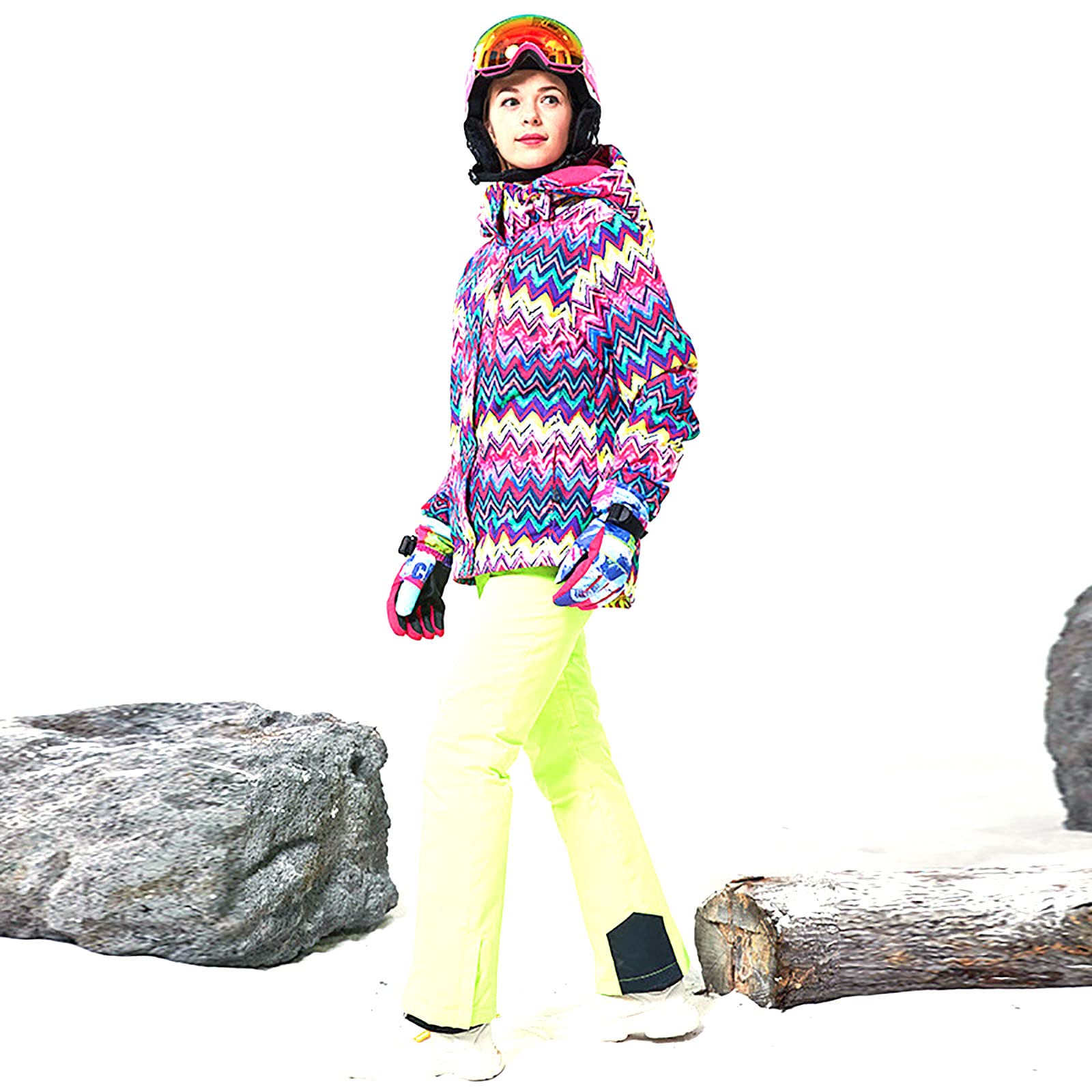 Tuta da Sci da Donna Snowboard Design a Righe in Polilinea Giacche e Pantaloni con Bretelle Abbigliamento da Neve Impermeabile da Donna Caldo
