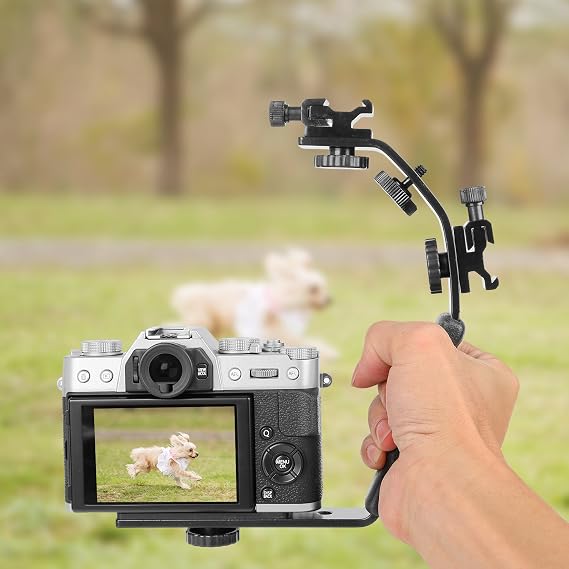 ChromLives Camera L Bracket Mount Video Grip L-Bracket with Dual Flash Cold Shoe Mount 1/4'' Tripod Screw, Heavy Duty Padded Hand Grip for DSLR Camera Camcorder (Updated)