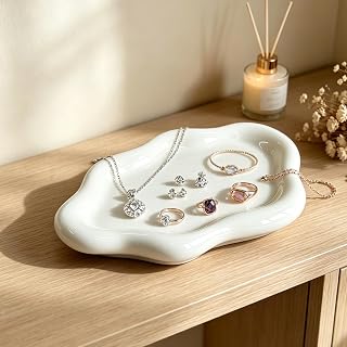 GZYYANG Ceramic Jewelry Bowl White,Jewelry Plate for Rings and Necklace | Clean Girl aesthetic decoration, jewelry tray, handmade bedside table decoration, handmade bedside decoration