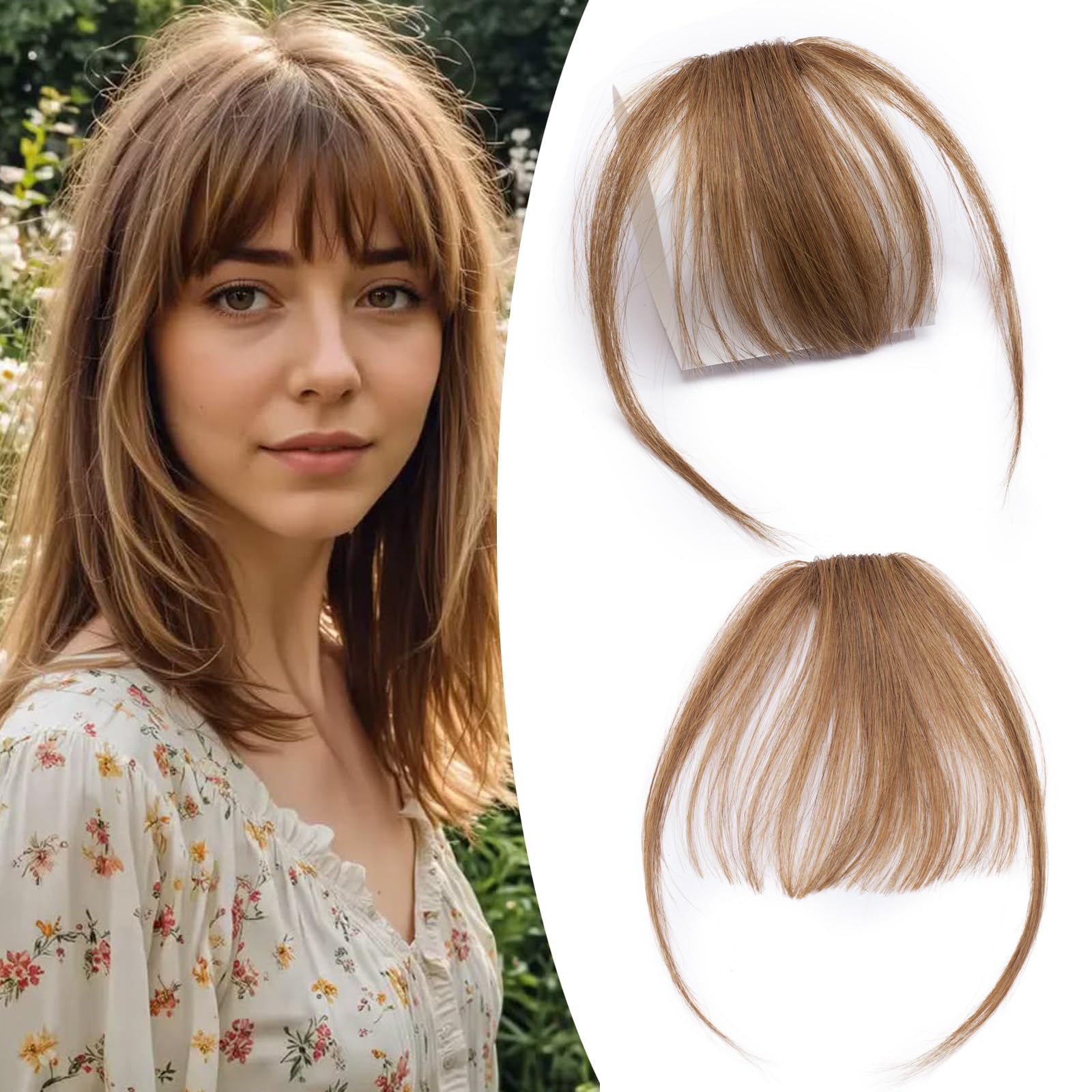 S-noilite Bangs Hair Clip in Bangs,100% Real Human Hair Curved Bangs Clip in Hair Extensions for Women Air Bangs Clip on Wispy Bangs Fringe with Temples 3g (#6 Light Brown)