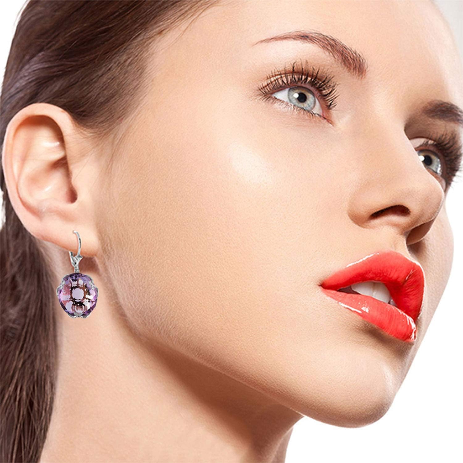 Galaxy Gold GG 14k Solid White Gold Leverback Earrings with Checkerboard Cut Round Amethysts - Image 2