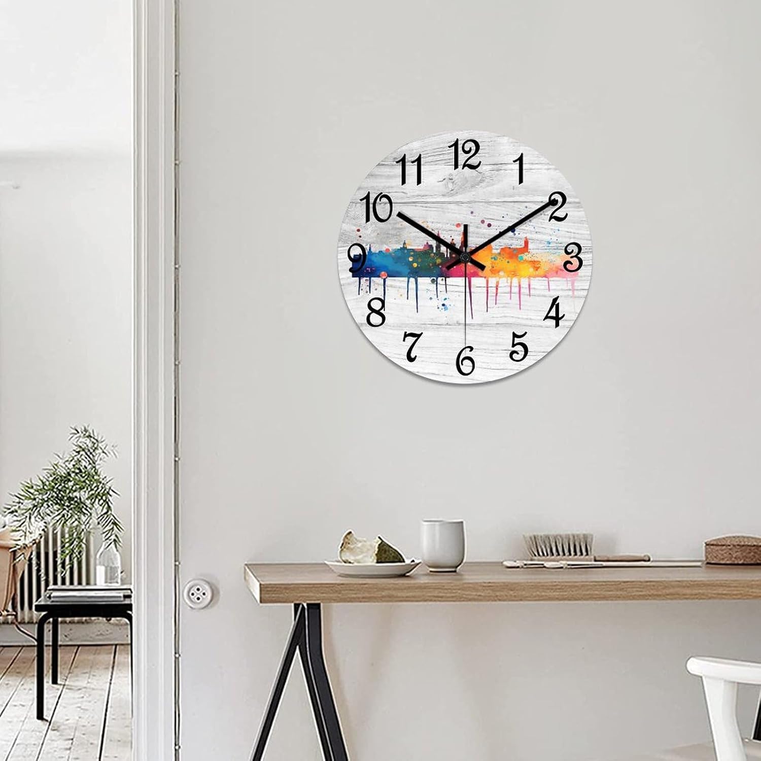 United Kingdom Glasgov Watercolor Skyline Wooden Wall Clock Glasgov Hanging Wall Clock Battery Operated Non-Ticking Sweep 12 Inch Rustic Chic Farmhouse Wall Clock for Wall Laundry