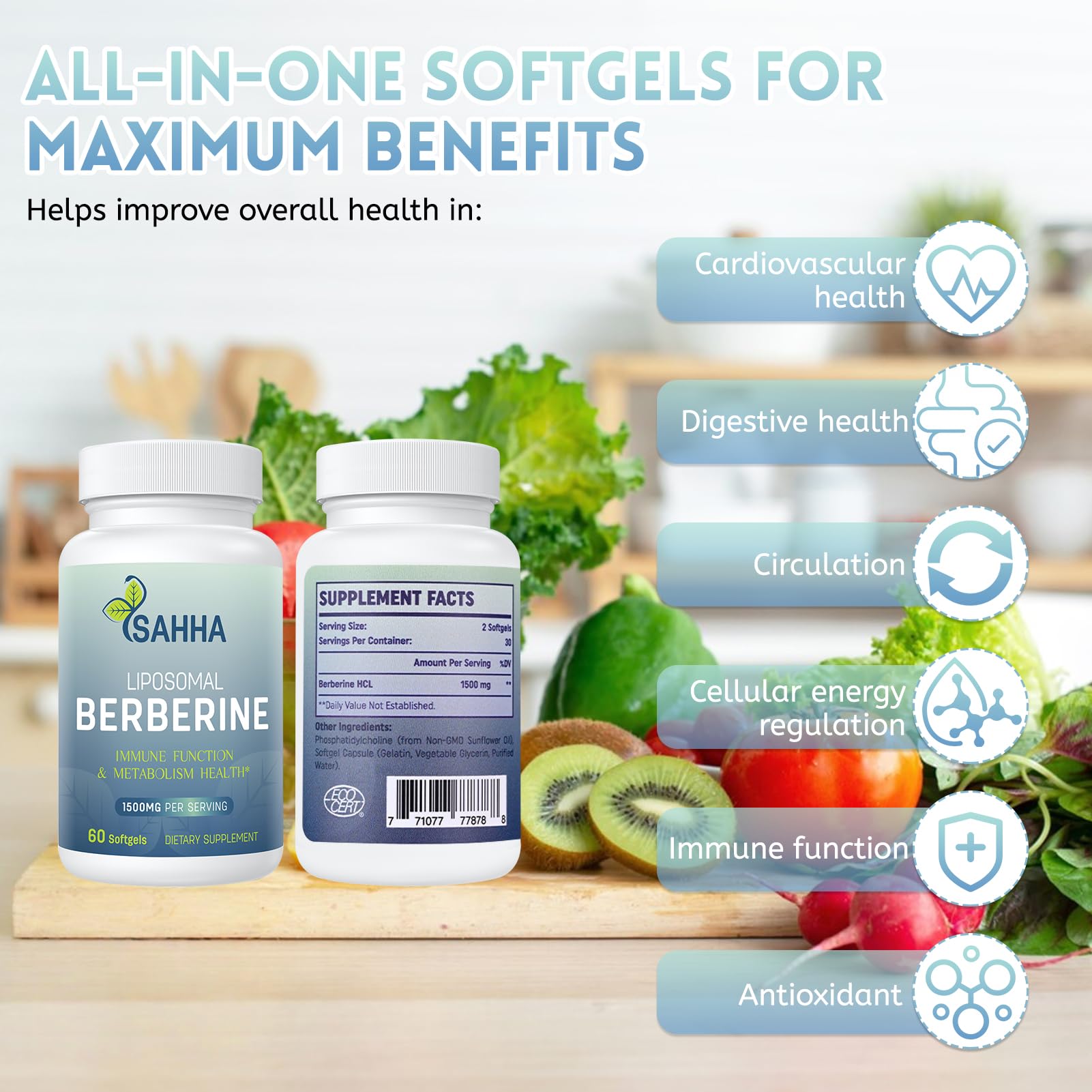 Sahha Liposomal Berberine HCL 1500mg – Supports AMPK & GLP-1 Activation, High Bioavailability for Men & Women Overall Health Supplement