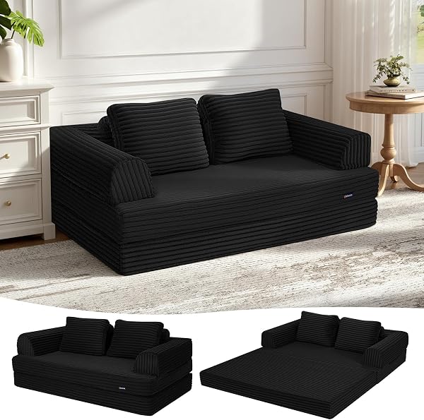 COMAX Folding Sofa Bed Queen, 4-in-1 Foldable Floor Couch Convertible Futon Sofa with Armrests Sleeper Mattress for Livi