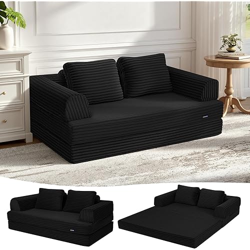 COMAX Convertible Sofa Bed, Folding Floor Couch Corduroy Fold Out Couch Bed Futon Sleeper Mattress with Pillows, Boneless Sofa Comfy Lounge Loveseat for Living Room Bedroom, Plush Black