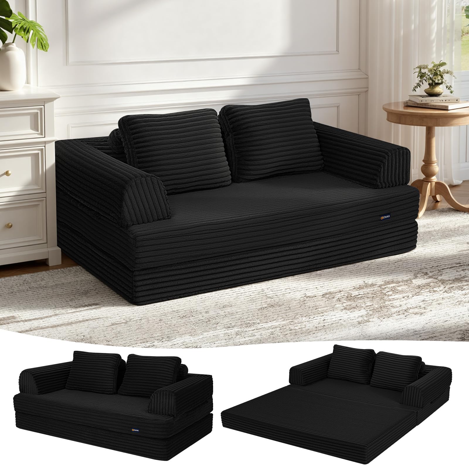 COMAX Convertible Sofa Bed Folding Floor Couch Corduroy Fold Out Couch Bed Futon Sleeper Mattress with Pillows Boneless