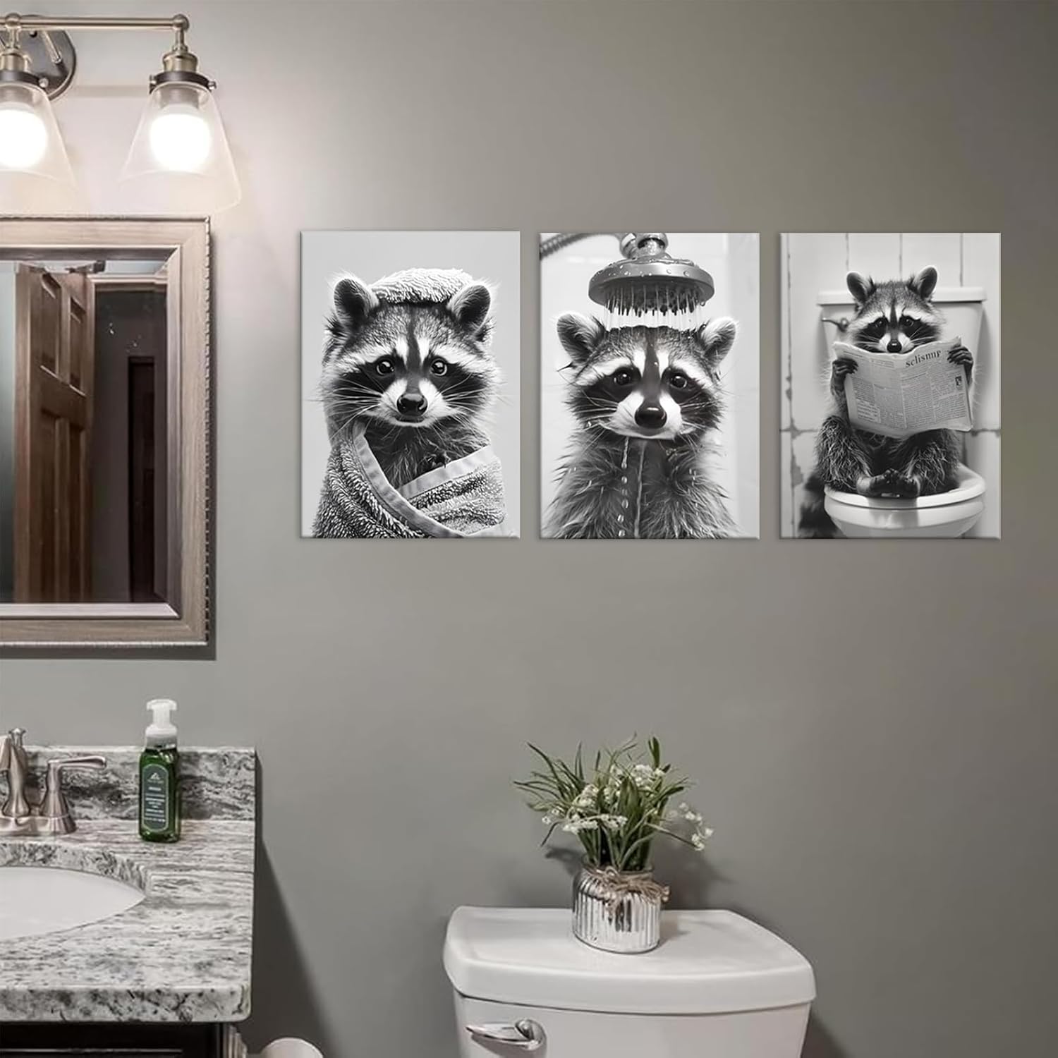 3Pcs Raccoon Bathroom Wall Art Funny Bathroom Wall Decor Black White Animal Poster Funny Raccoon on Toilet Reading Newspaper Canvas Prints Painting Picture for Bath Restroom 12X16 inch Framed - Image 7