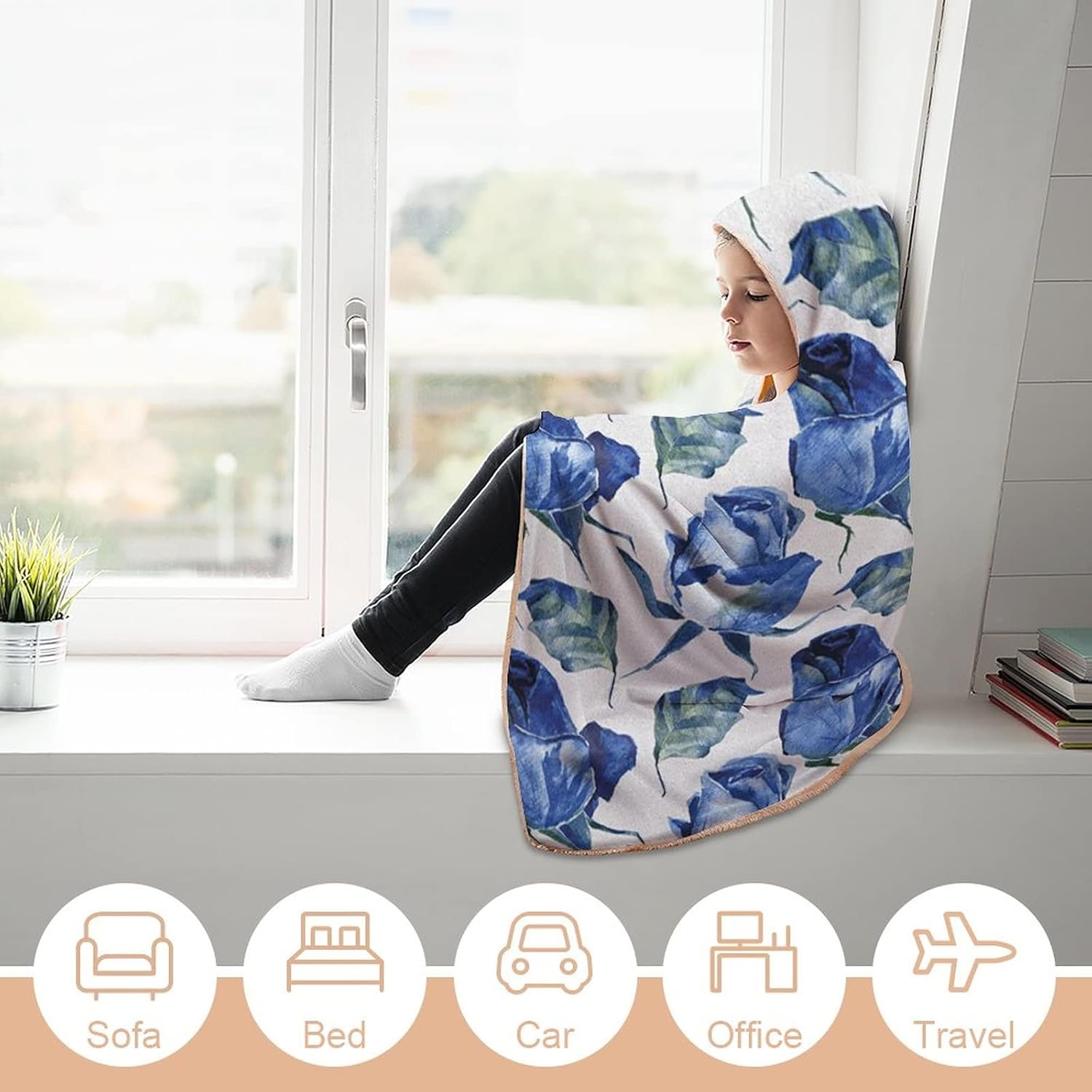 Throw Blankets, Watercolor Women Men Hooded Blanket, Hand Drawn Roses and Leaves Abstract, Soft Warm Cozy, 40 x 50inches, Gifts for Women Adults Girls and Kid, Violet Blue Slate Blue