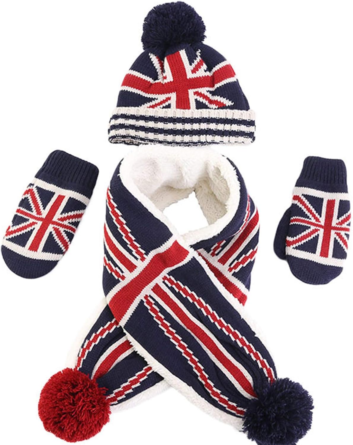 Scarf,Toddler Kids 3 Pieces Winter Warm Beanie Hat Long Scarf Gloves Set USA American Flag Knitted Pompom Skull Cap Scarf(Rice Word)