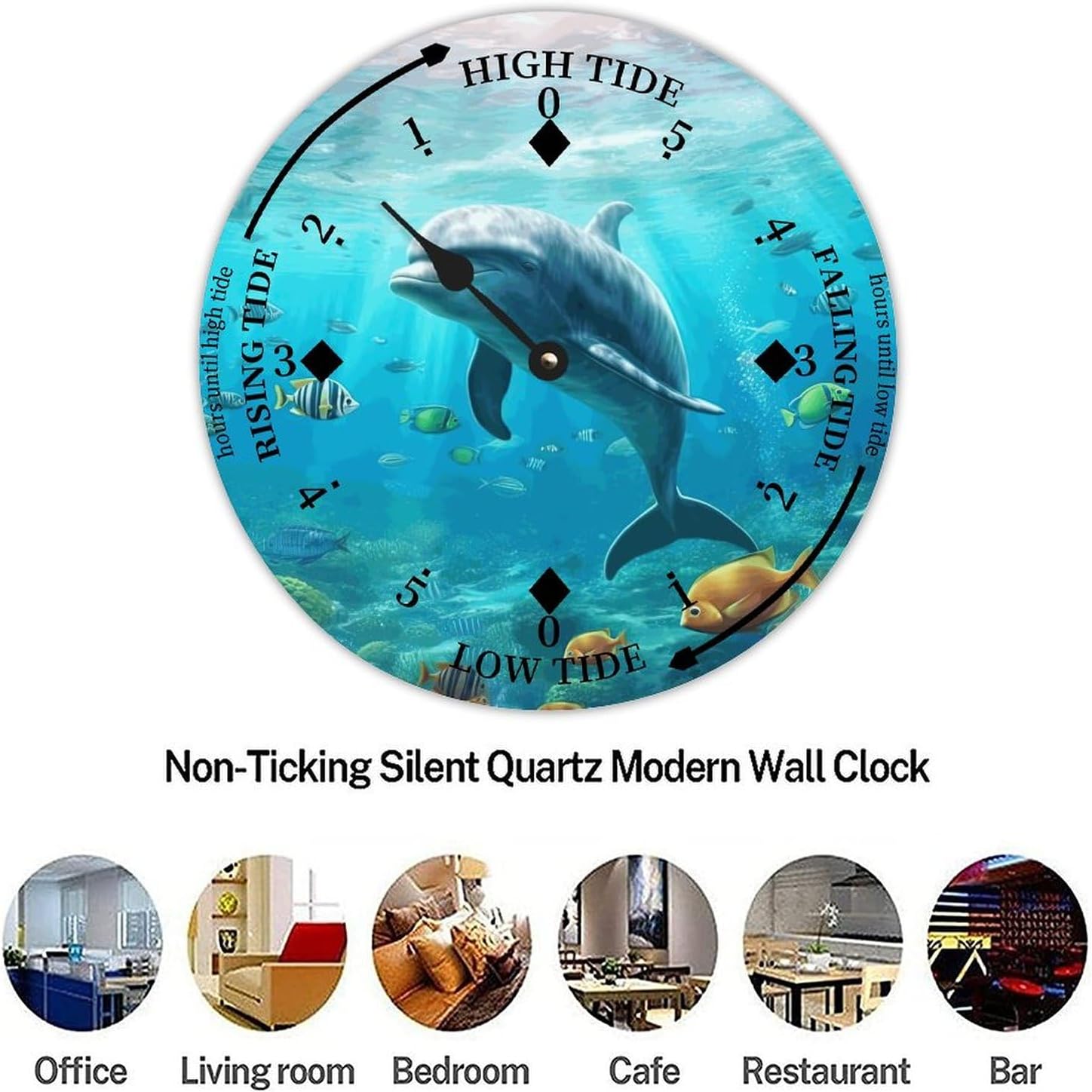 Cheyan Dolphin Tide Clock Silent Non-Ticking Battery Operated Wooden Moon Nautical Tide Movement Clock for Sailing Living Room Restaurant Home Decor Wood Wall Art 15x15 in