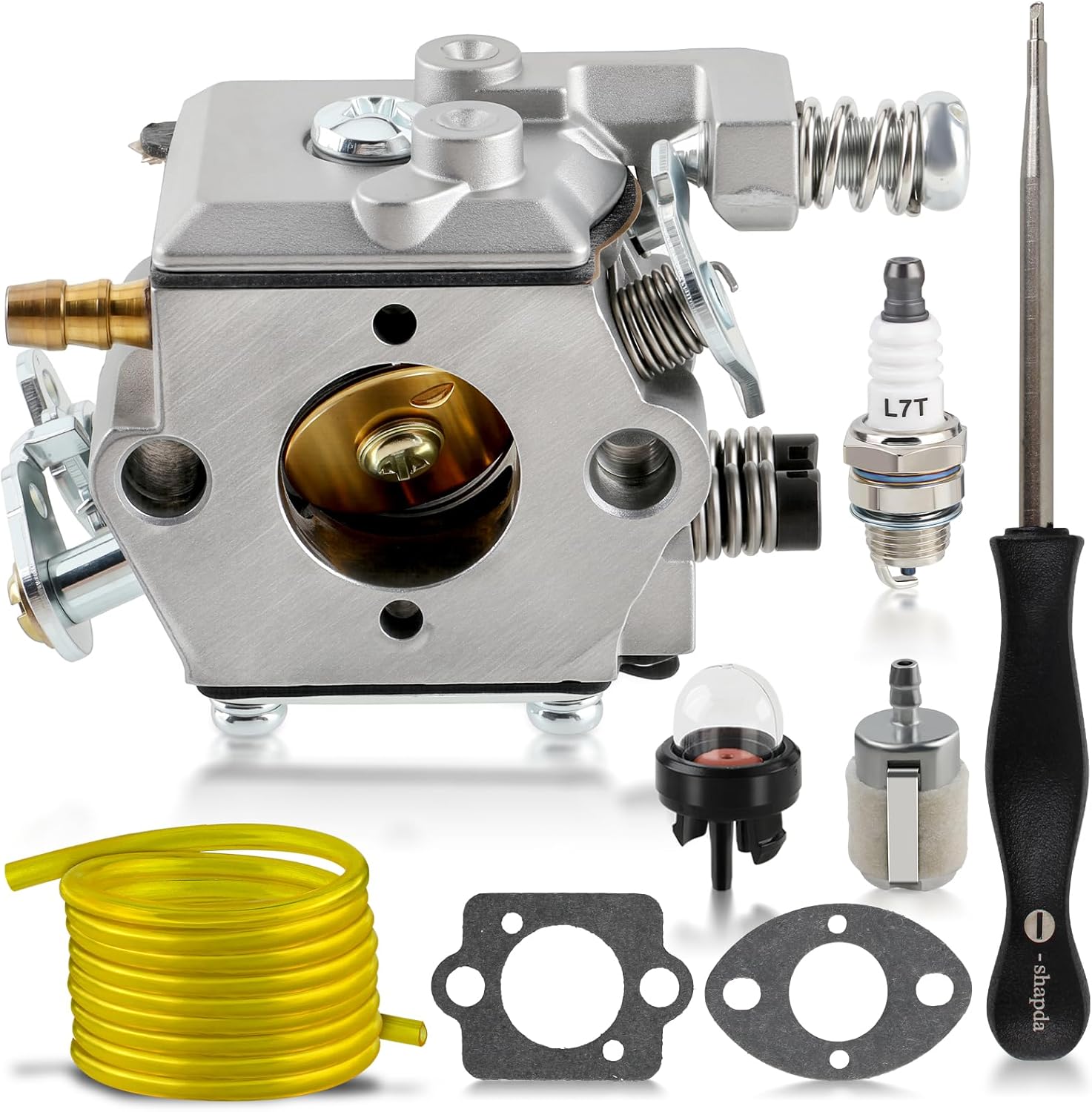 Image showing all components of the AUTOKAY WT-992 Carburetor Kit: carburetor, two gaskets, fuel line, spark plug, primer bulb, adjustment tool, and fuel filter.