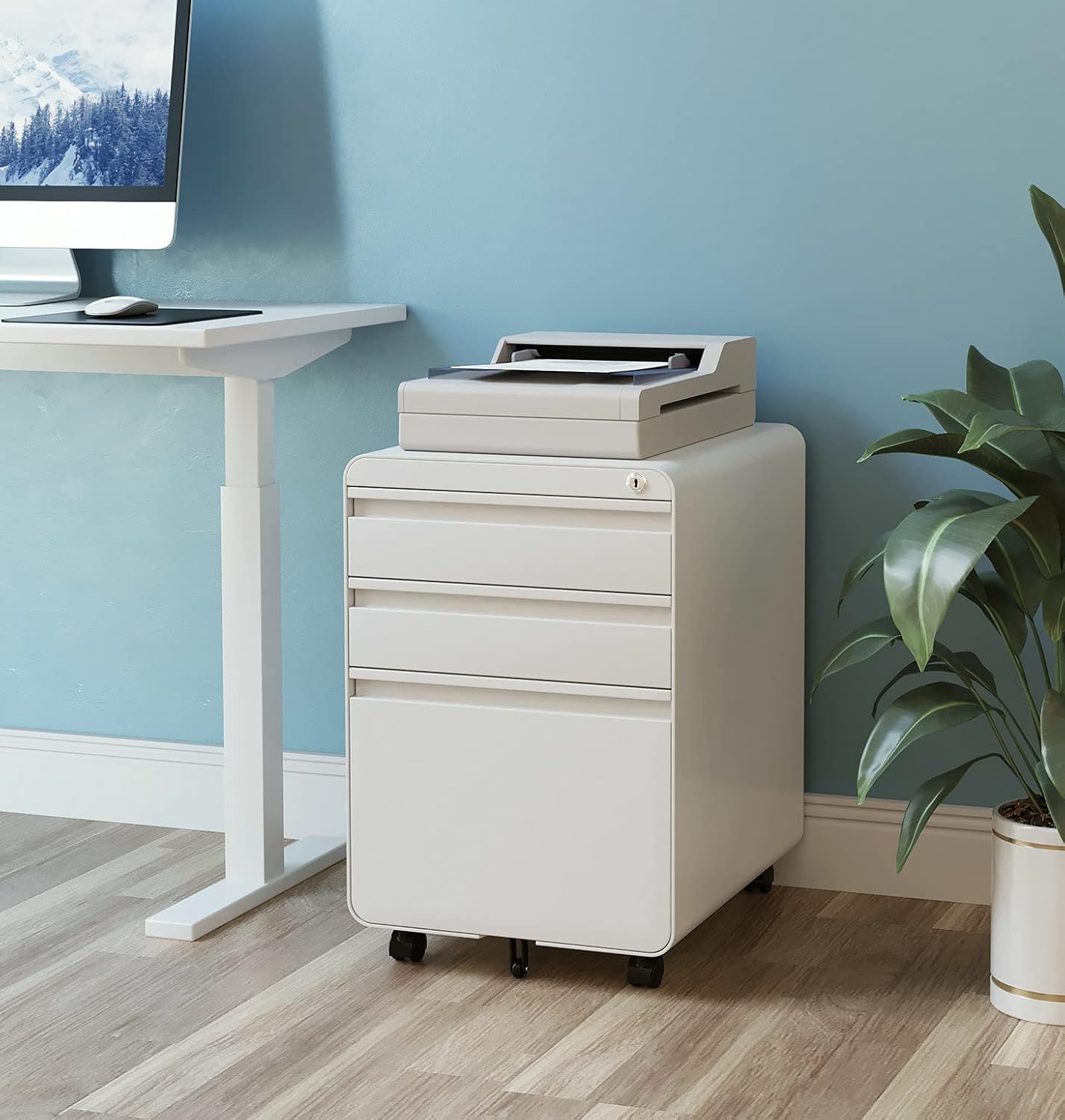 Dprodo 3 Drawers Mobile File Cabinet with Lock, Metal Filing Cabinet for Legal & Letter Size, Locking File Cabinet for Home & Office Full-Extension Drawers Printer Stand, White