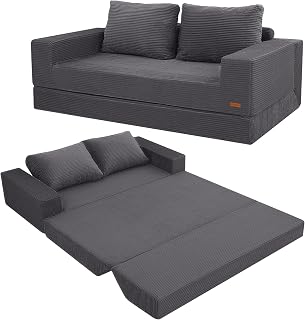 COMAX Convertible Sofa Bed Queen, Corduroy Folding Floor Couch Pull Out Couch Bed Futon Sleeper with Pillows, Fold Out Boneless Sofa Comfy Lounge Mattress Loveseat for Living Room Bedroom, Grey