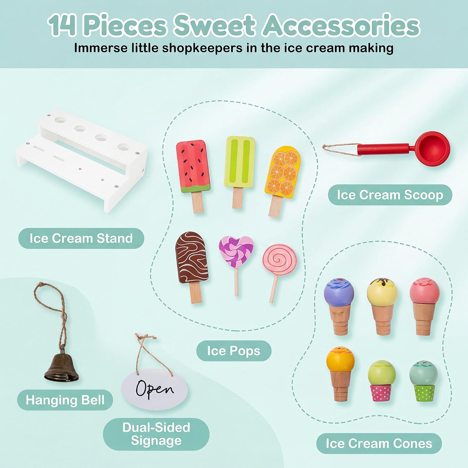 HONEY JOY Kids Ice Cream Cart, Wooden Grocery Store Playset w/14 Pieces Play Accessories, Display Rack, Toddler Pretend Play Dessert Shop Counter Stand Truck with Wheels, Gift for Boys Girls, White image 5