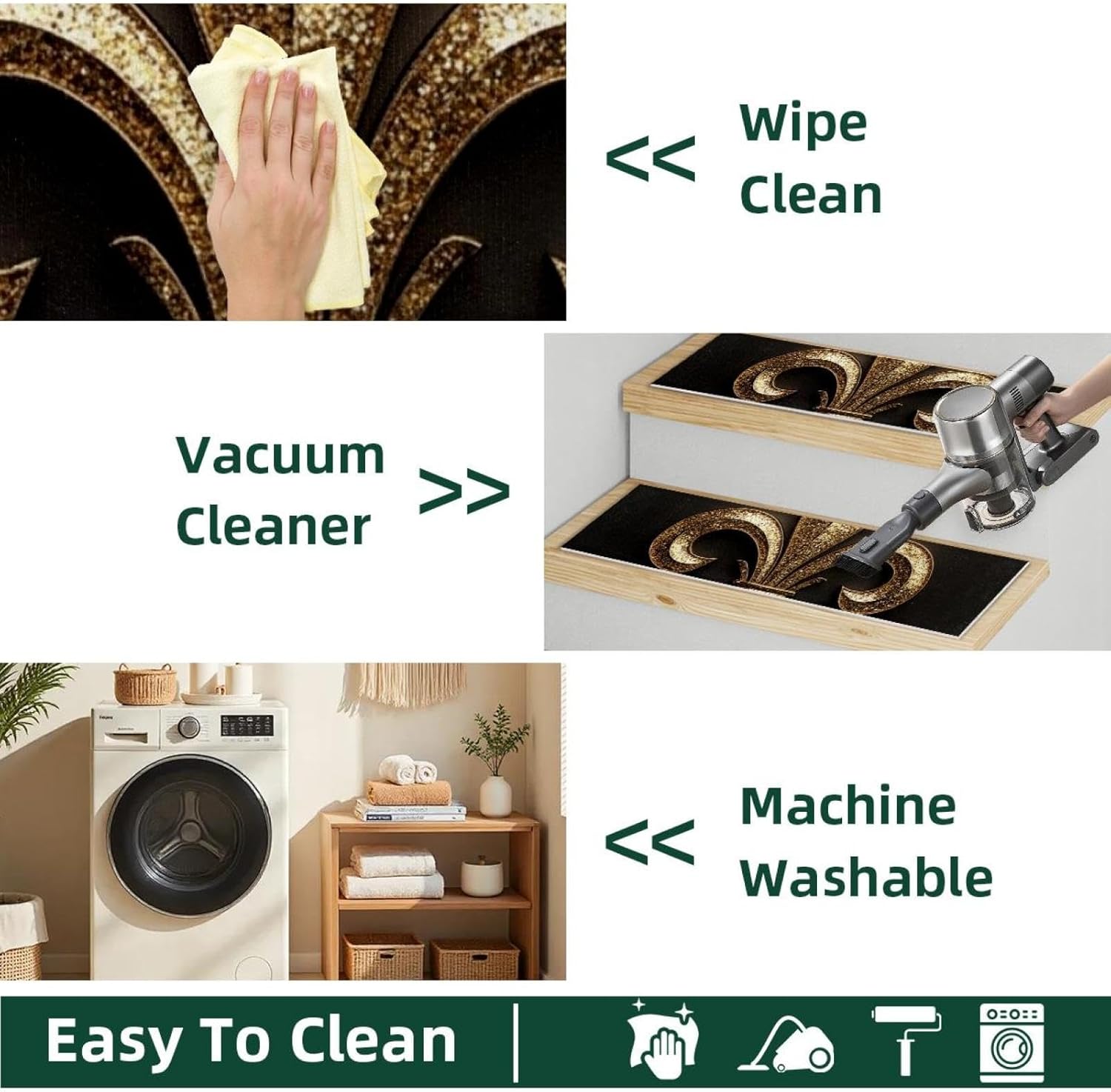 15 Pack Fleur de Lis (10) Stair Treads,8" X 30" Non Slip Carpet Stair Treads Reusable Staircase Step Treads Carpet Treads for Wooden Steps Indoor